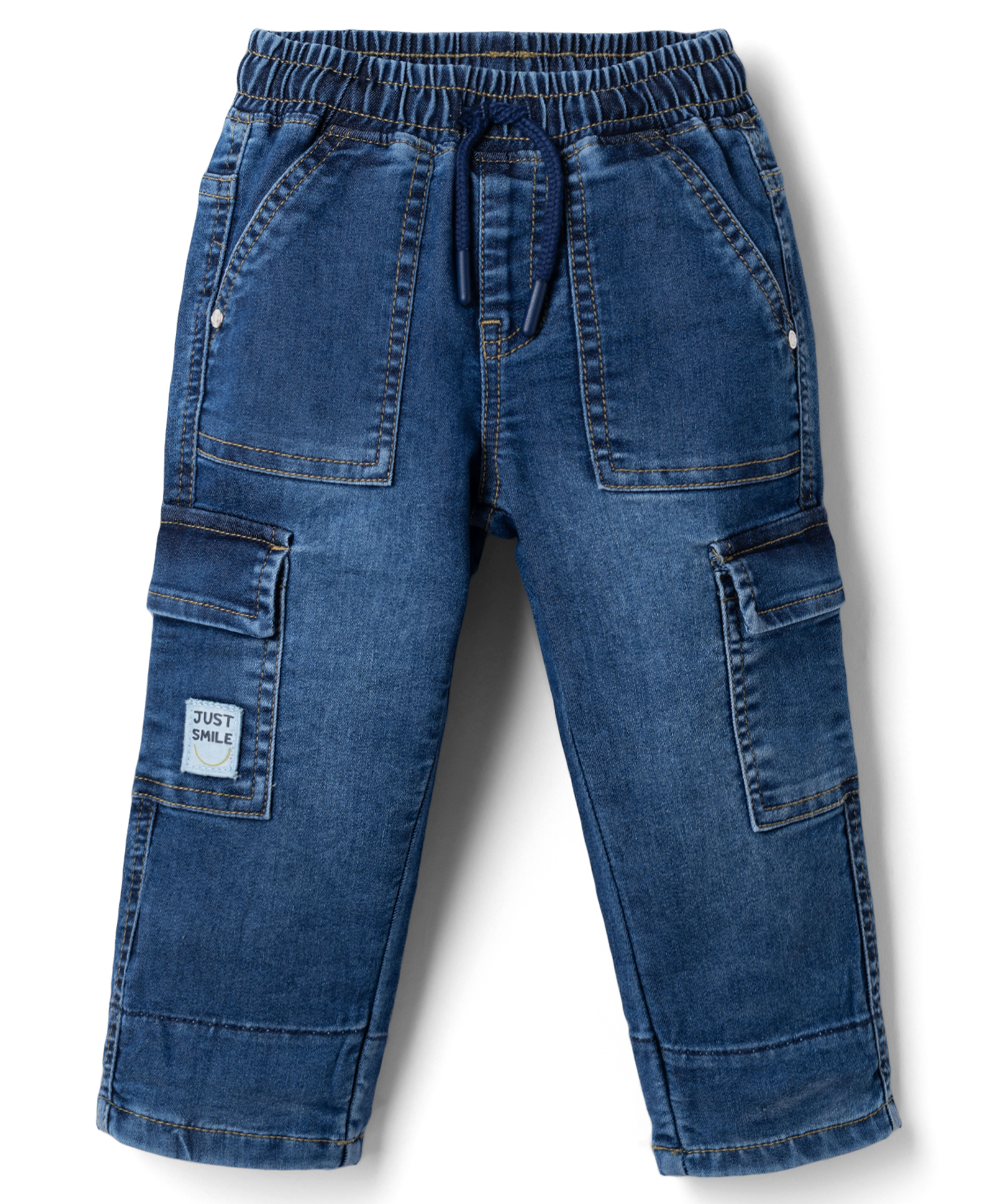 Babyhug Full Length Washed Regular Fit Denim Jeans With Cargo Pockets - Blue
