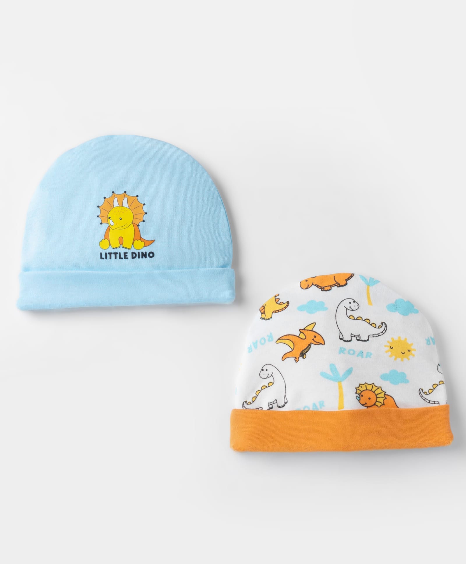 Doodle Poodle 100% Cotton Interlock Knit Dino Printed Caps Pack Of 2 Light Blue & Orange - Diameter 18.5 cm-picture-26