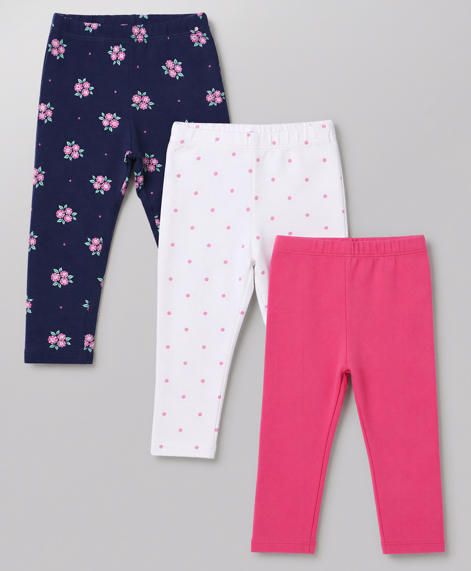 Babyhug Cotton Lycra Knit Full Length Floral & Polka Dots Printed Leggings Pack of 3 - Navy Blue Dark Pink & White-picture-14
