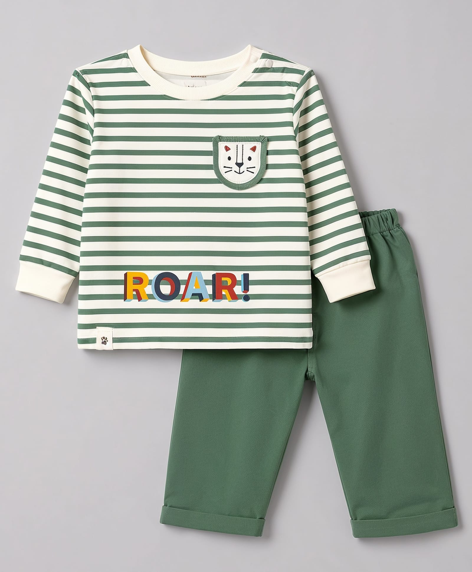 Ollypop Interlock Knit Full Sleeves Striped T-Shirt & Lounge Pant Set with Roar Print & Cub Face Patch - Olive Green-picture-28