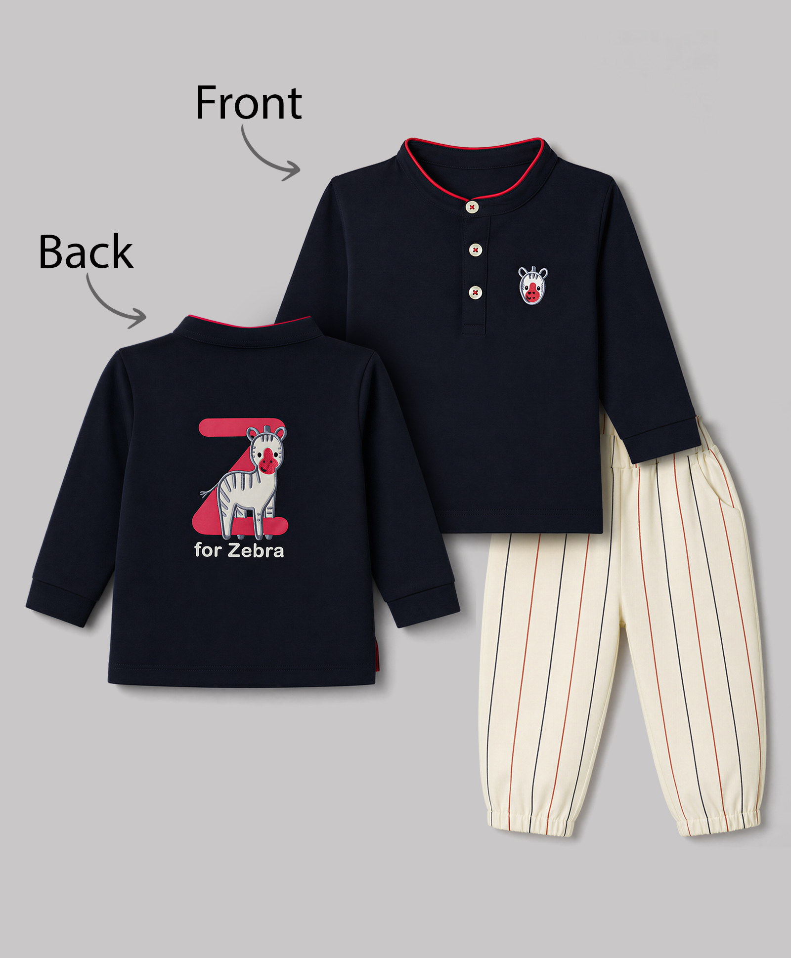 Ollypop Cotton Knit Full Sleeves T-Shirt & Lounge Pant Set with Front & Back Zebra Embroidery - Navy-image-40