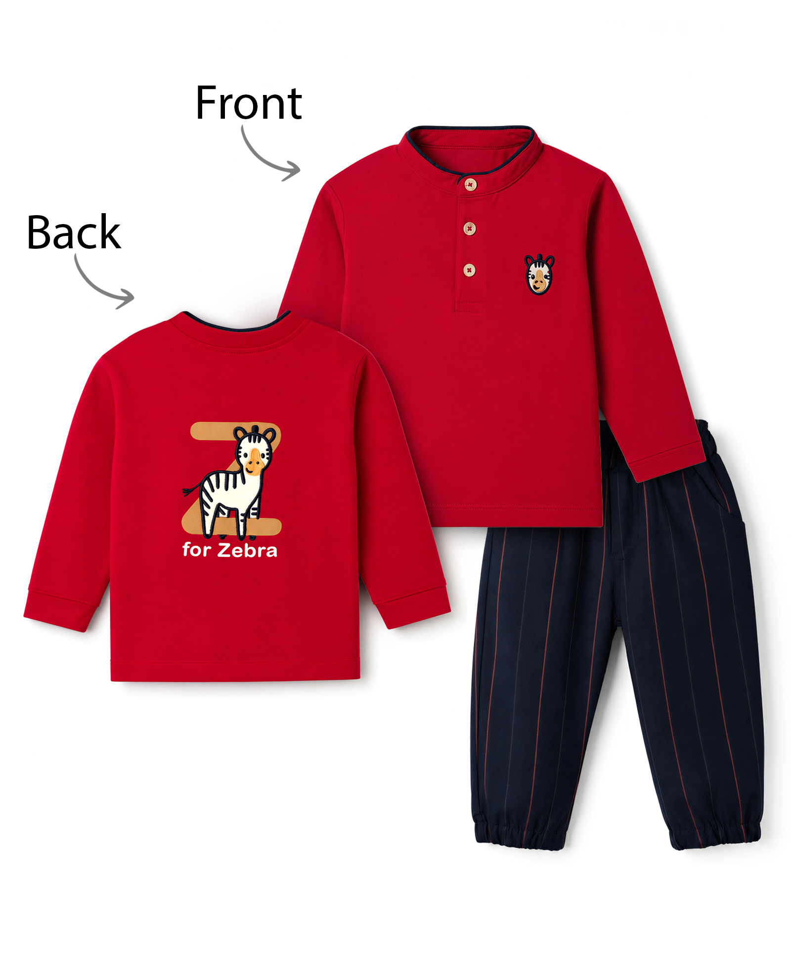 Ollypop Cotton Knit Full Sleeves T-Shirt & Lounge Pant Set with Front & Back Zebra Embroidery - Red-image-42