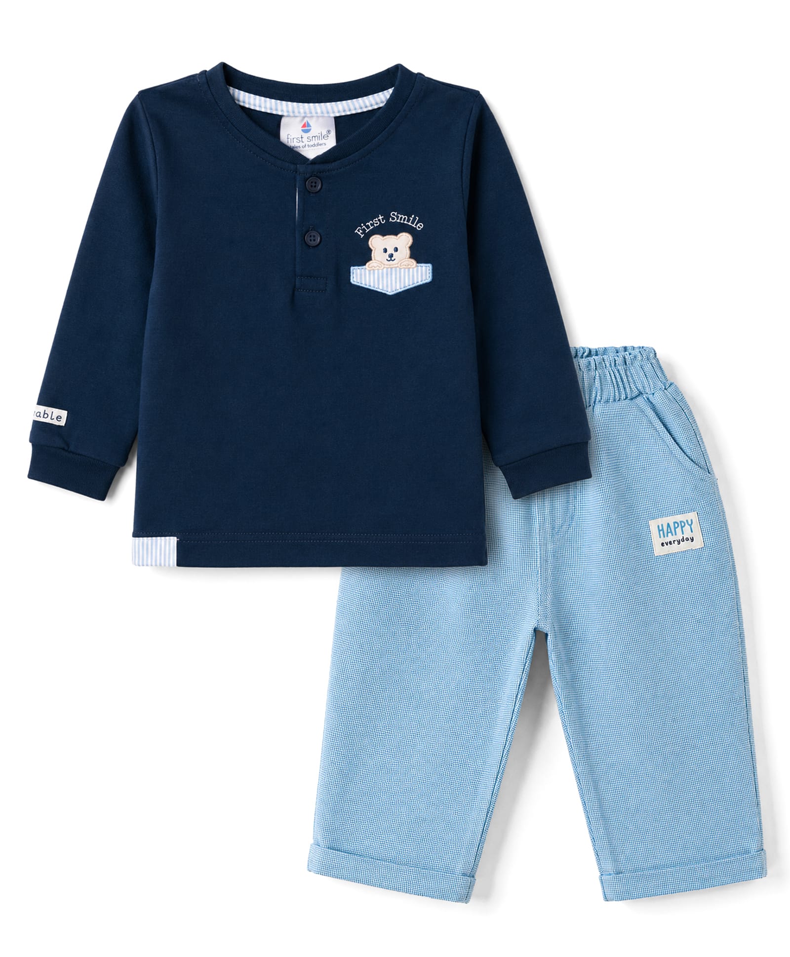 First Smile Cotton Knit Full Sleeves Bear Embroidered T-Shirt & Pant Set - Light & Navy Blue-picture-16