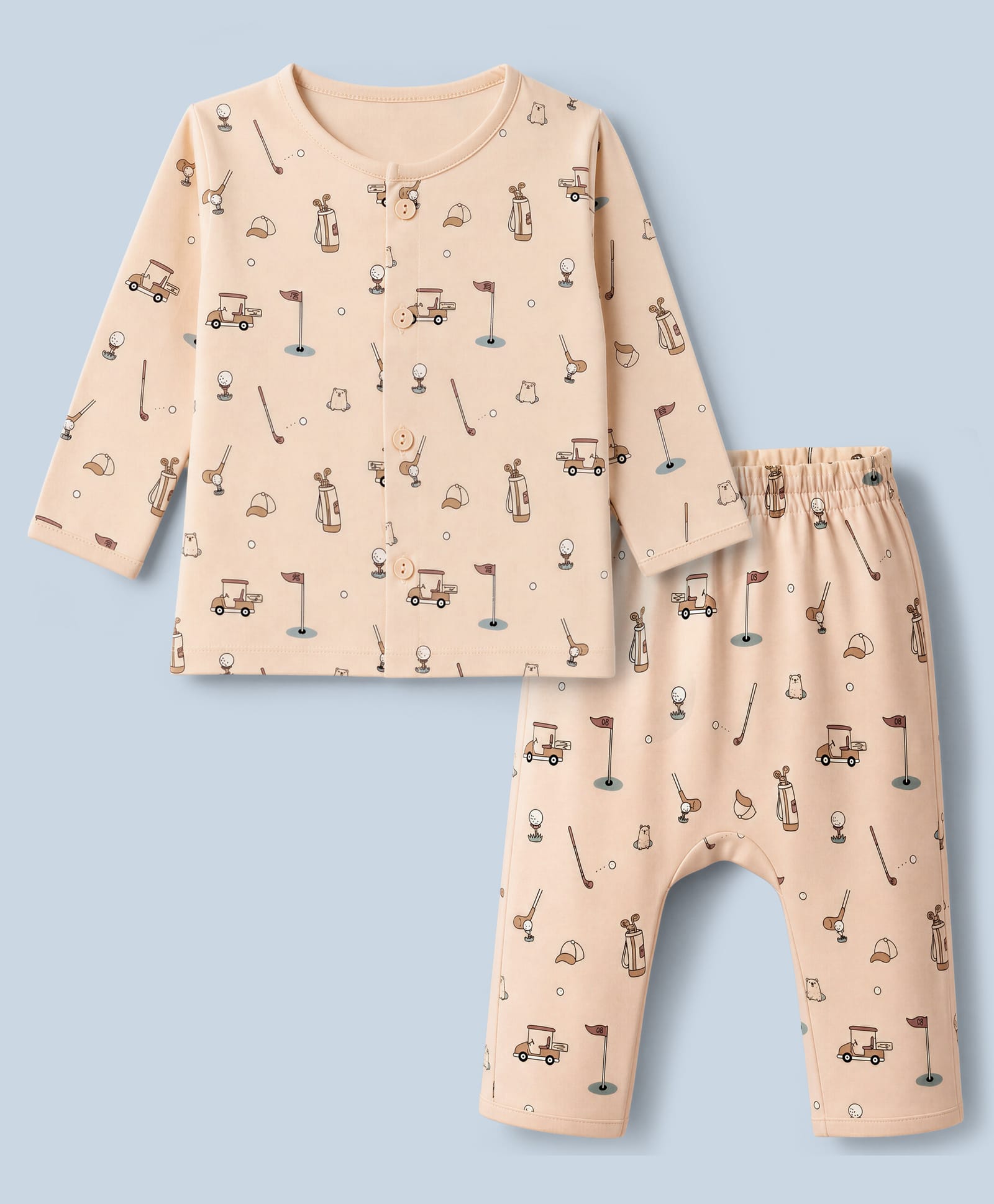Ollypop Sinker Knit Full Sleeves T-Shirt & Pajama Co-Ords Night Suit with Golf Print - Pink-picture-16
