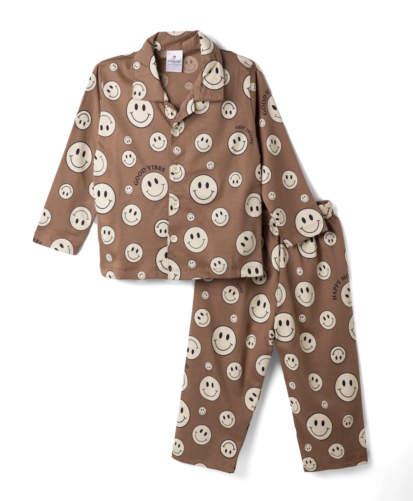 Ollypop Sinker Knit Full Sleeves Shirt & Pajama Co-ords Night Suit with Smiley Print - Brown-picture-2