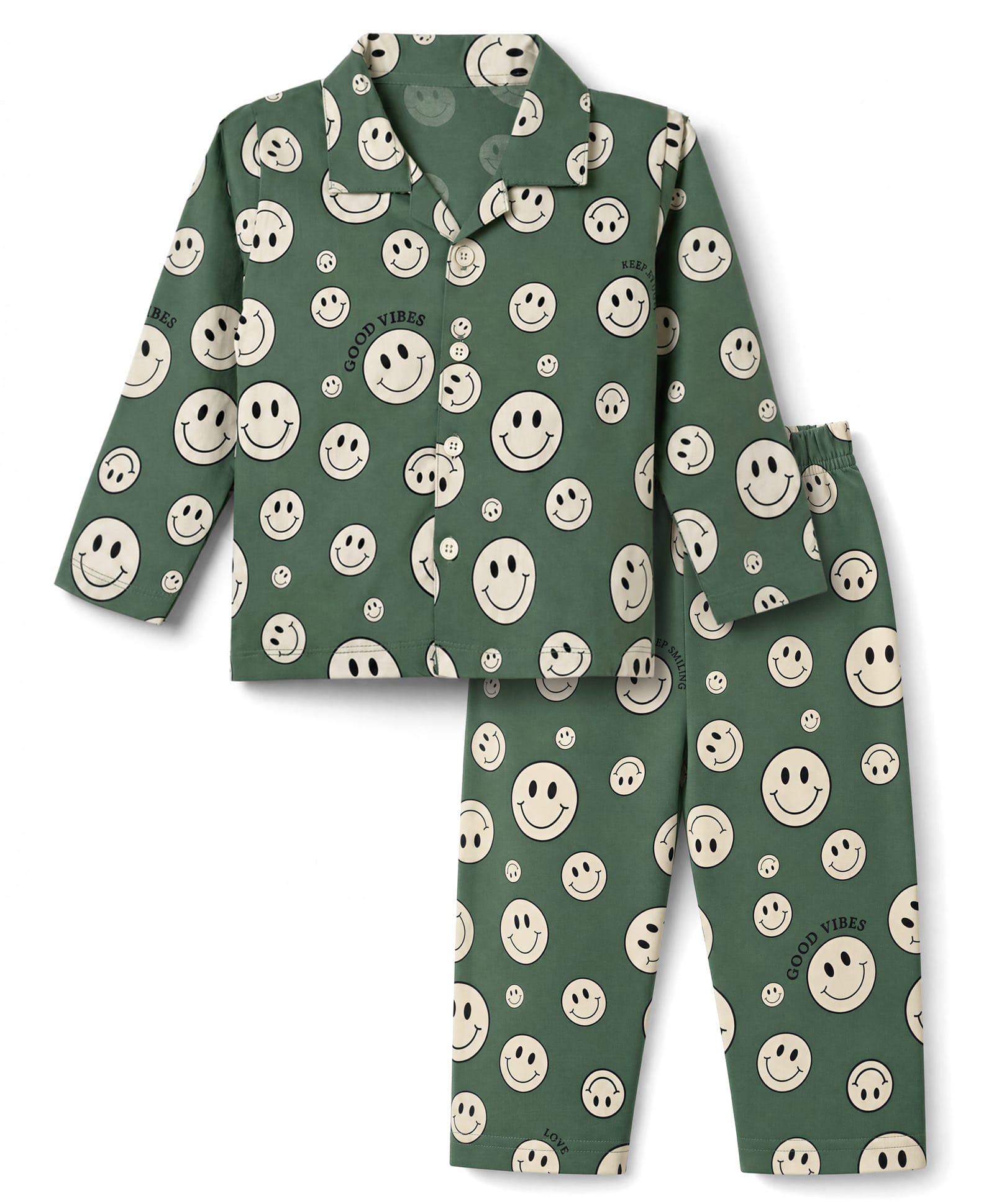 Ollypop Sinker Knit Full Sleeves Shirt & Pajama Co-ords Night Suit with Smiley Print - Olive-image-47