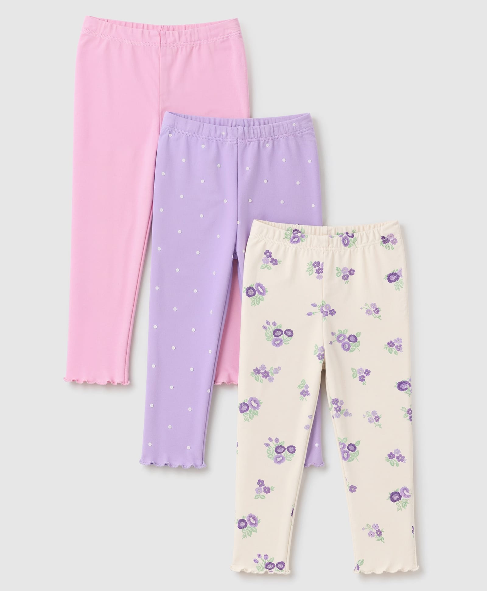 Babyhug Cotton Elastane Lycra Knit Full Length Leggings With Polka Dot & Floral Print Pack of 3 - Beige, Purple & Pink-picture-13