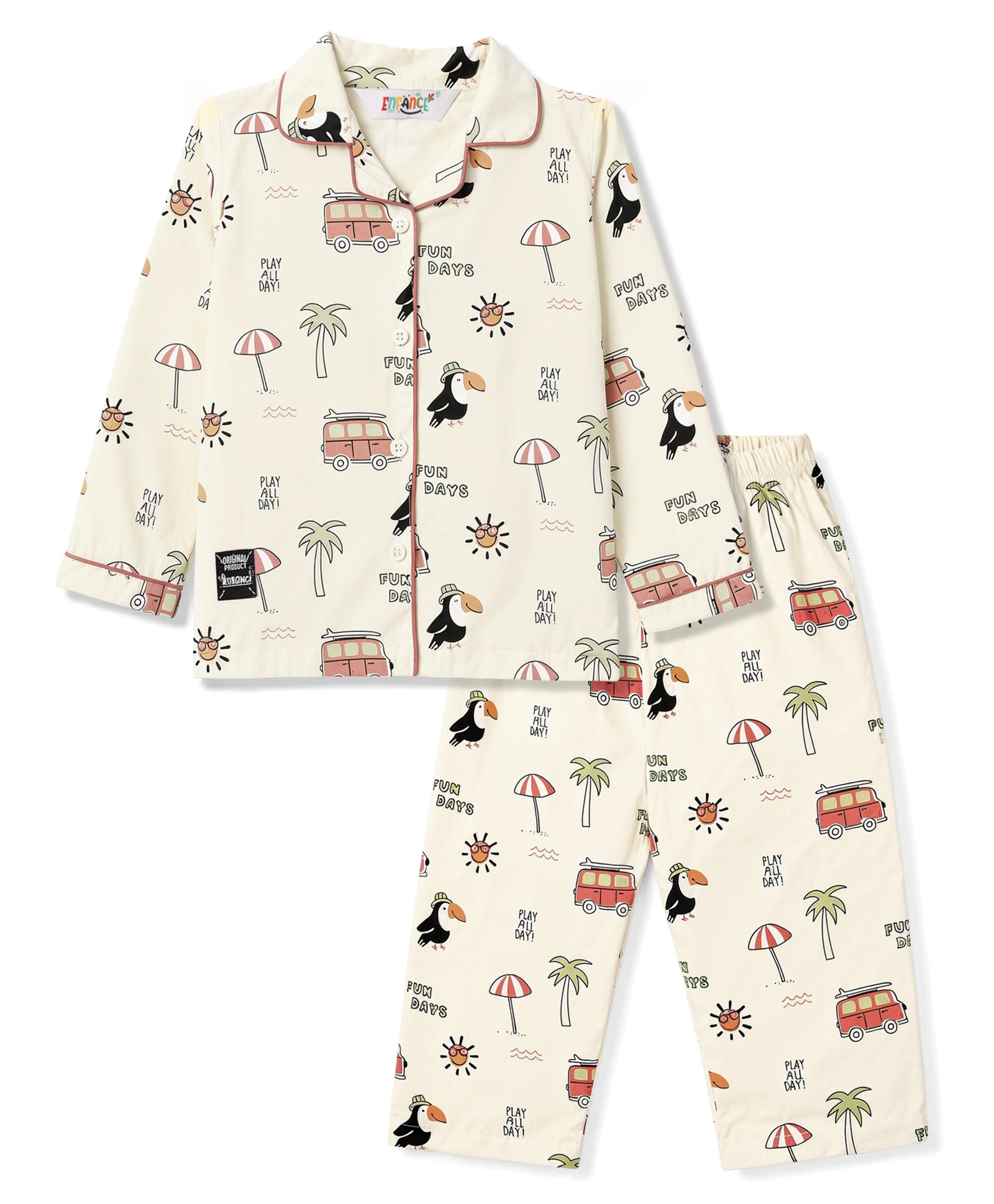 Enfance Core Cotton Woven Full Sleeves Beach Theme Printed Co-Ords Shirt & Pyjama Night Suit - Light Yellow-picture-18