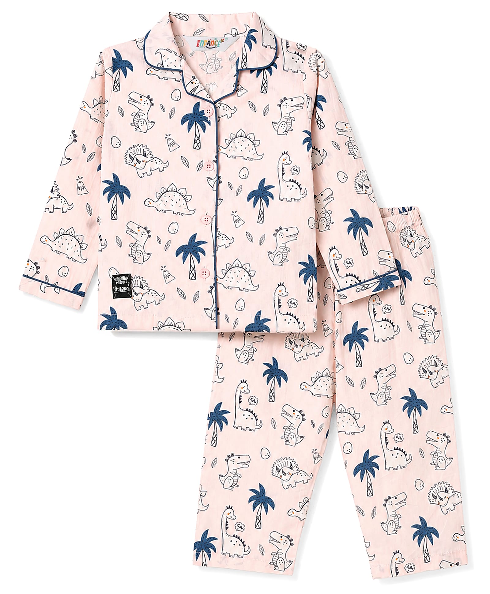 Enfance Core Cotton Woven Full Sleeves Dino Printed Co-Ords Shirt & Pyjama Night Suit - Pink-picture-14
