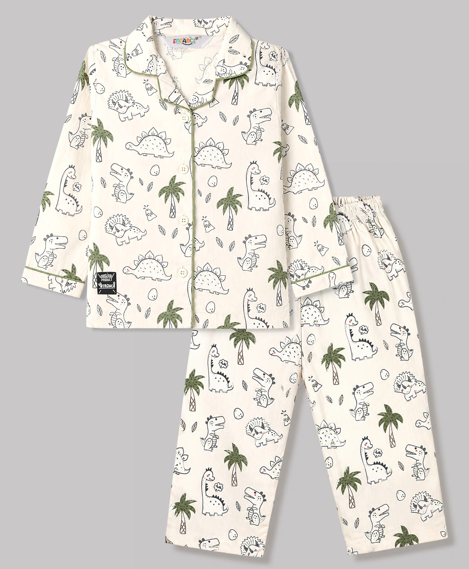 Enfance Core Cotton Woven Full Sleeves Dino Printed Co-Ords Shirt & Pyjama Night Suit - Green-picture-11