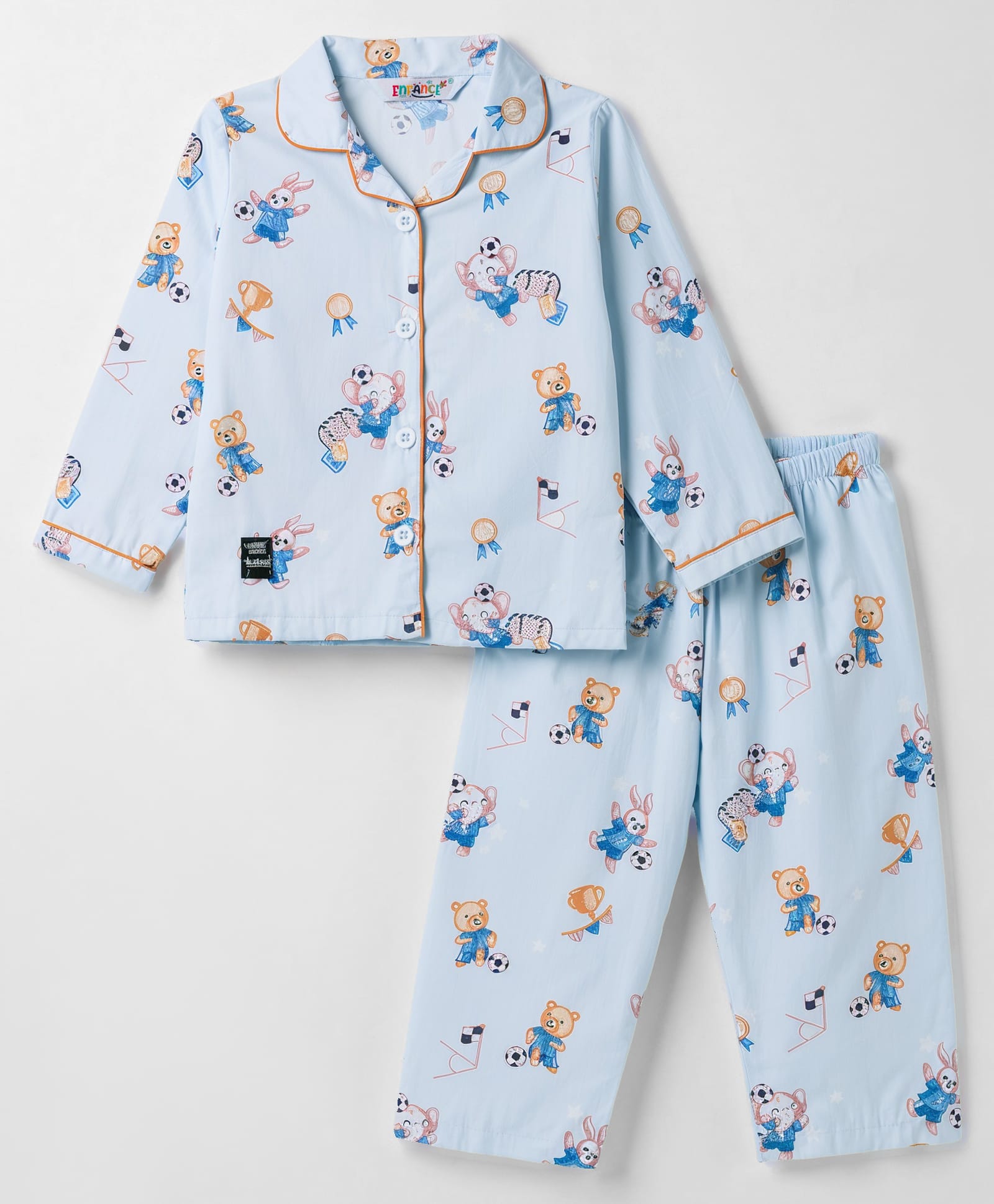 Enfance Core Cotton Woven Full Sleeves Animal & Sports Theme Printed Co-Ords Shirt & Pyjama Night Suit - Light Blue-picture-17
