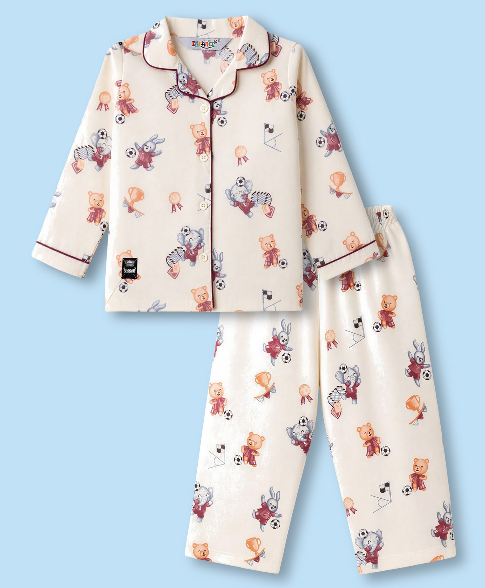 Enfance Core Cotton Woven Full Sleeves Bunny & Teddy Printed Co-Ords Shirt & Pyjama Night Suit - Cream-picture-24