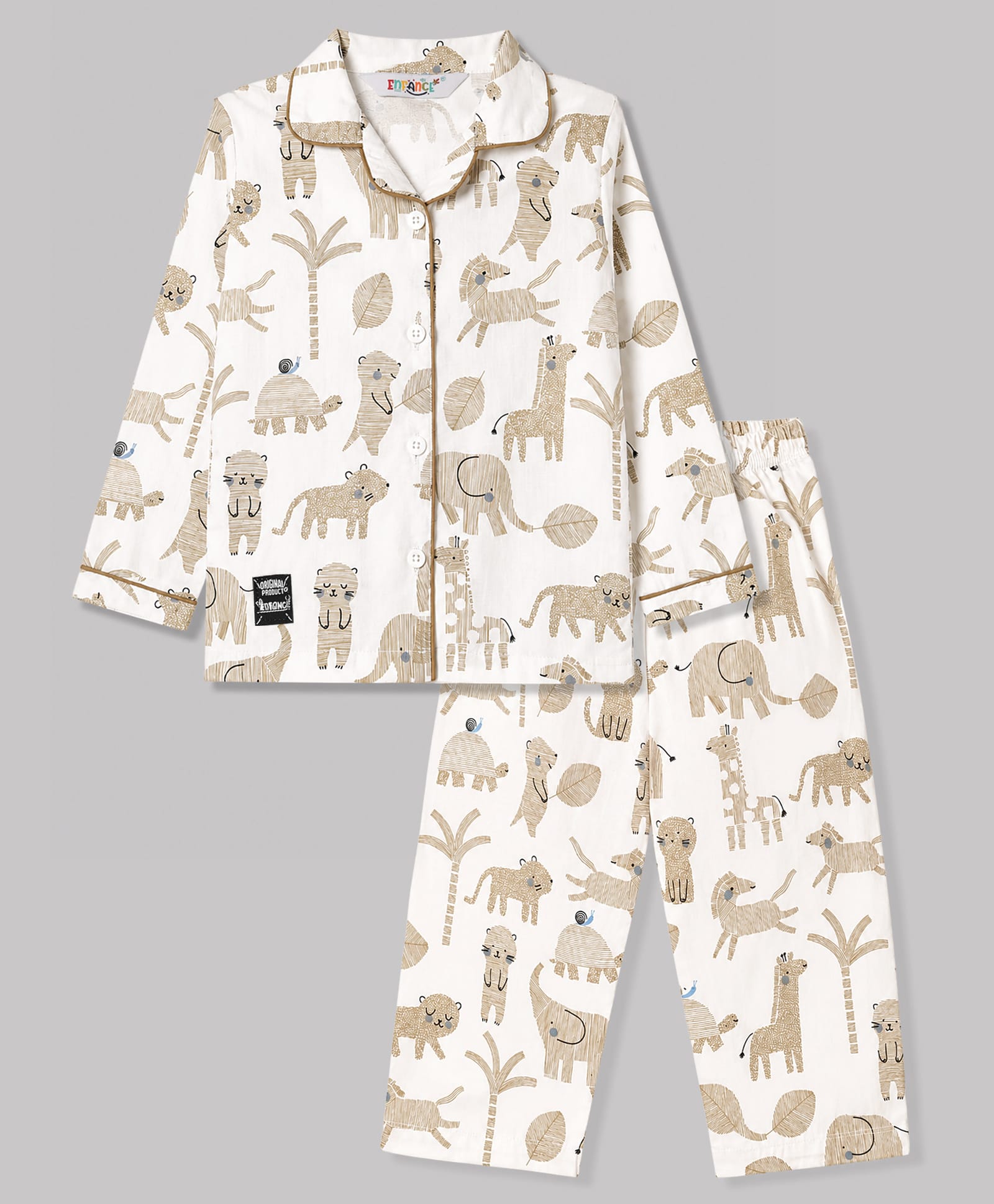 Enfance Core Cotton Woven Full Sleeves Animal Printed Co-Ords Shirt & Pyjama Night Suit - Beige-picture-23