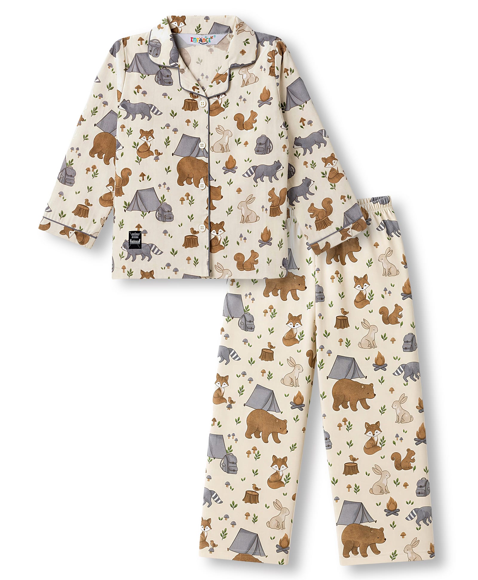 Enfance Core Cotton Woven Full Sleeves Animal Printed Co-Ords Shirt & Pyjama Night Suit - Cream-picture-12