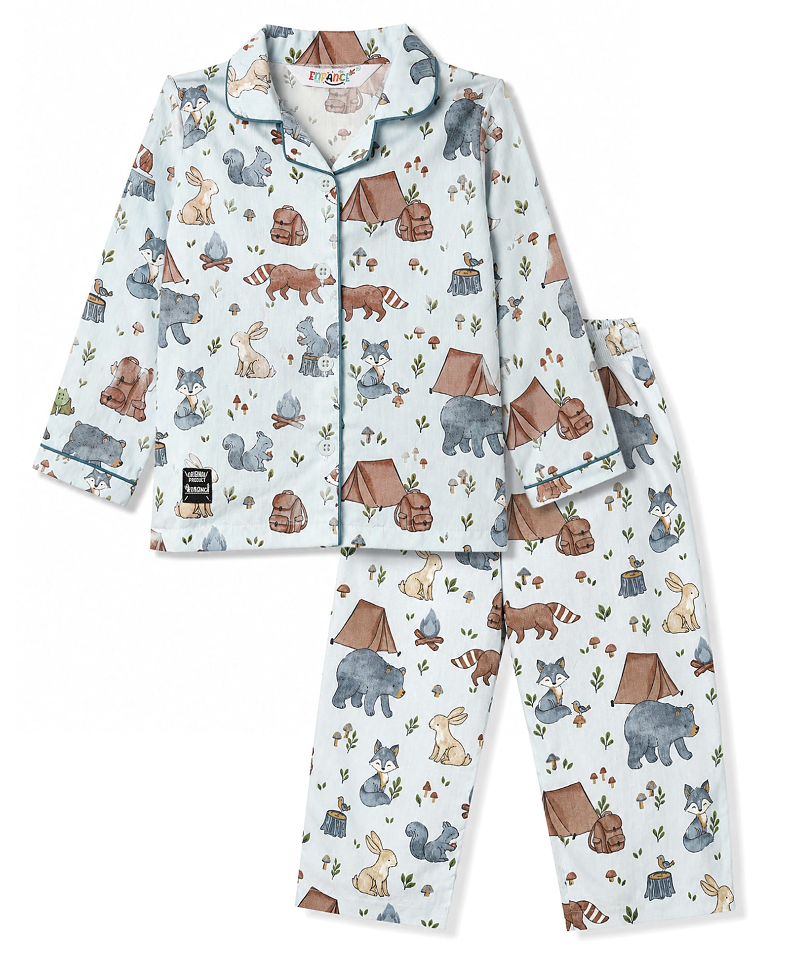 Enfance Core Cotton Woven Full Sleeves Animal Printed Co-Ords Shirt & Pyjama Night Suit - Light Blue-picture-20