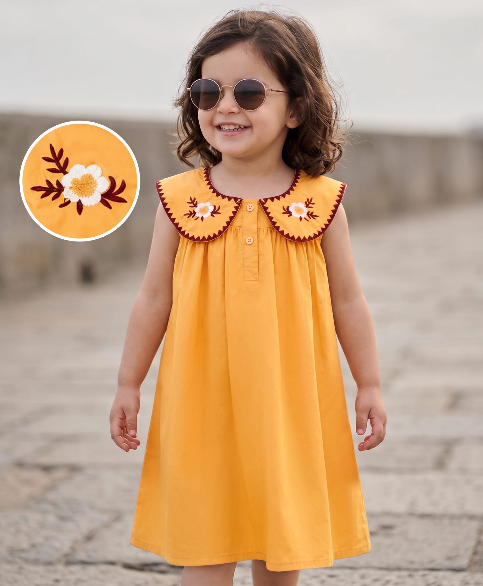 Kookie Kids Woven Sleeveless Floral Embroidered Peter Pan Collar Frock - Yellow-image-27