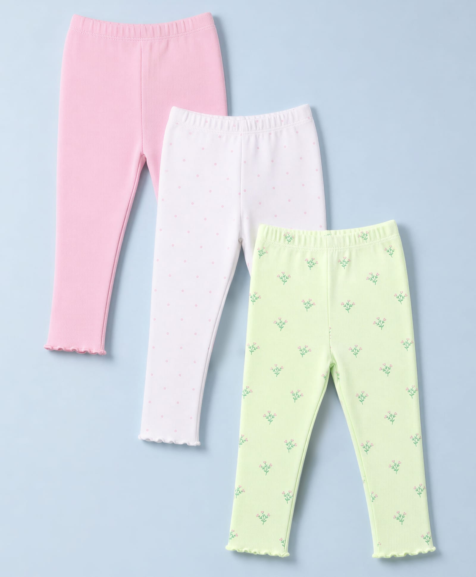 Babyhug Cotton Lycra Knit Full Length Leggings With Floral & Polka Dots Print Pack of 3 - Pink, White & Green-picture-13