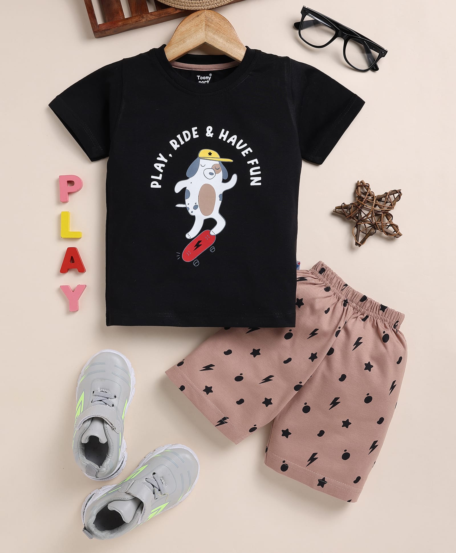 TOONYPORT Cotton Knit Half Sleeves Top & Shorts Set With Dog Print - Black-picture-18