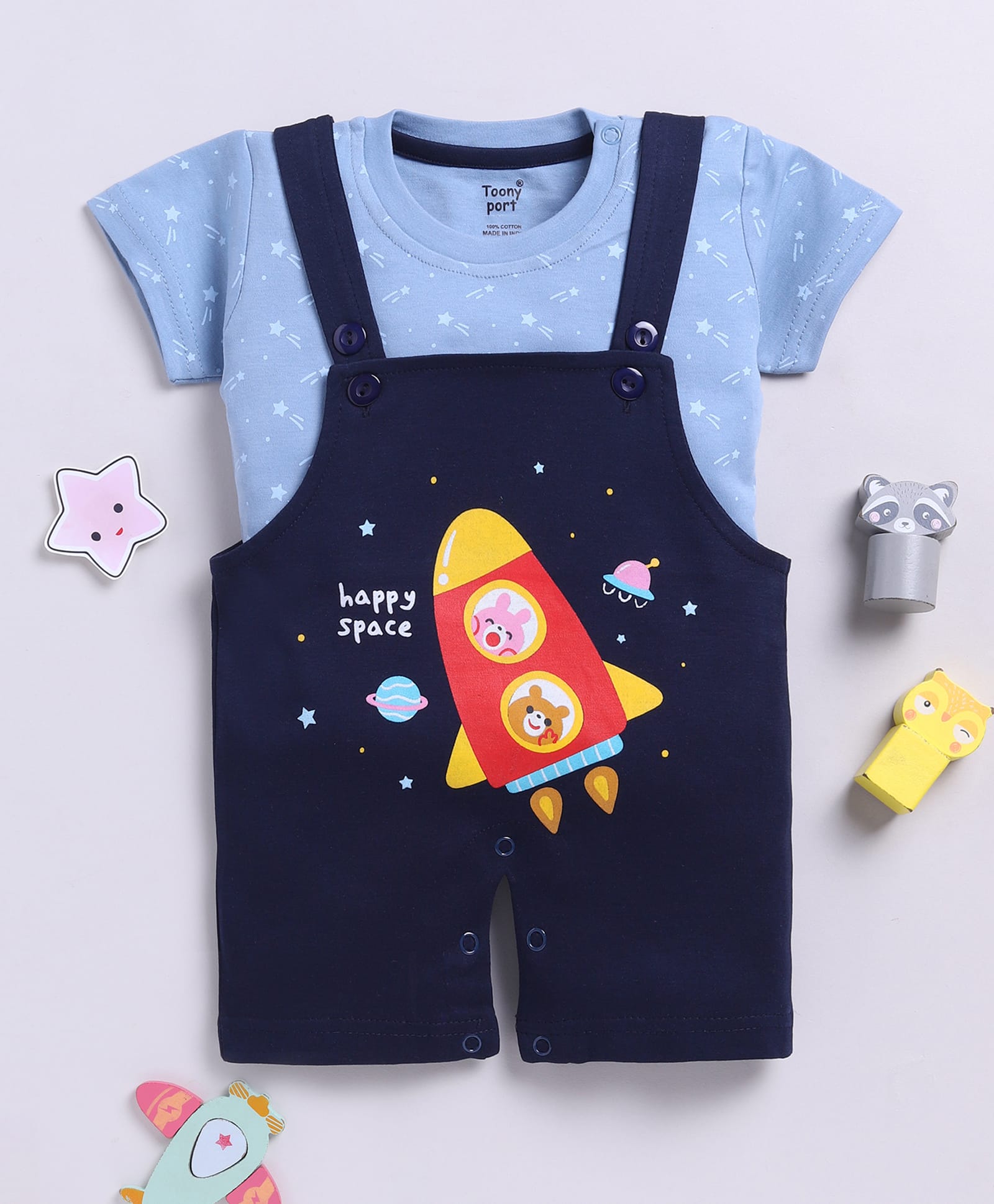 Toonyport Cotton Knit Space Theme Printed Dungaree & Half Sleeves Tee Set - Navy Blue-picture-27