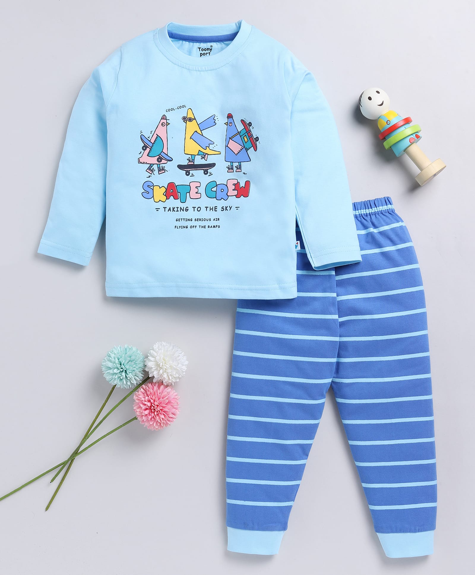 TOONYPORT Cotton Knit Full Sleeves T-Shirt & Pant Set With Birds Print - Blue-image-29