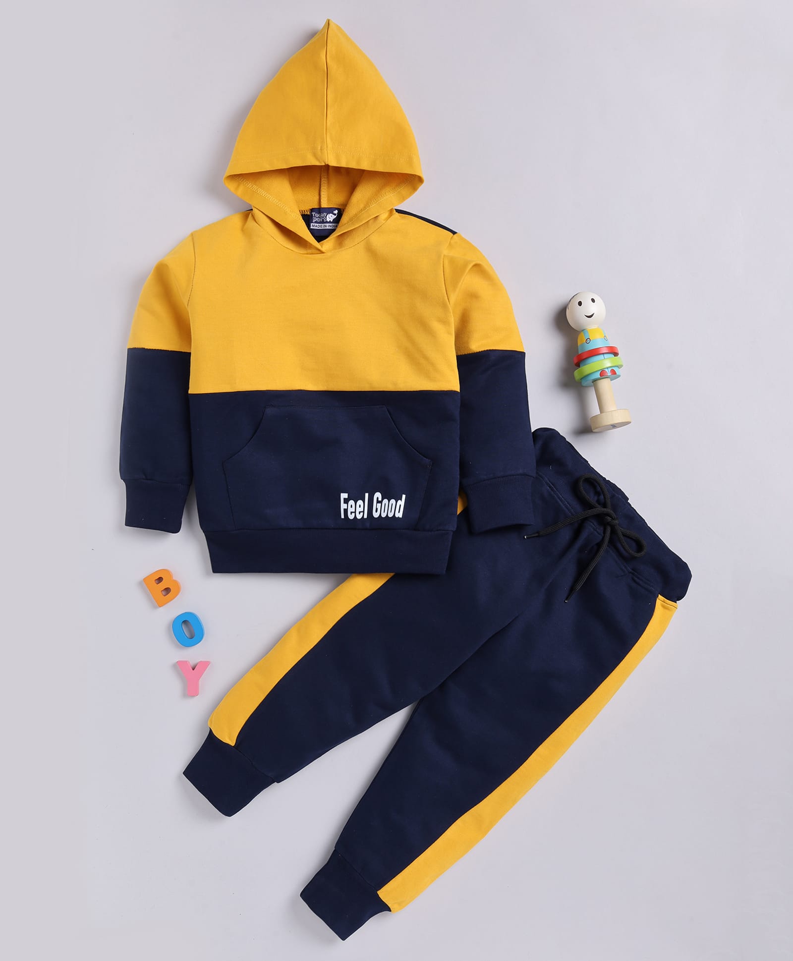 TOONYPORT Cotton Knit Full Sleeves Hooded Sweatshirt & Joggers Set With Colour blocked Looper - Yellow-image-16