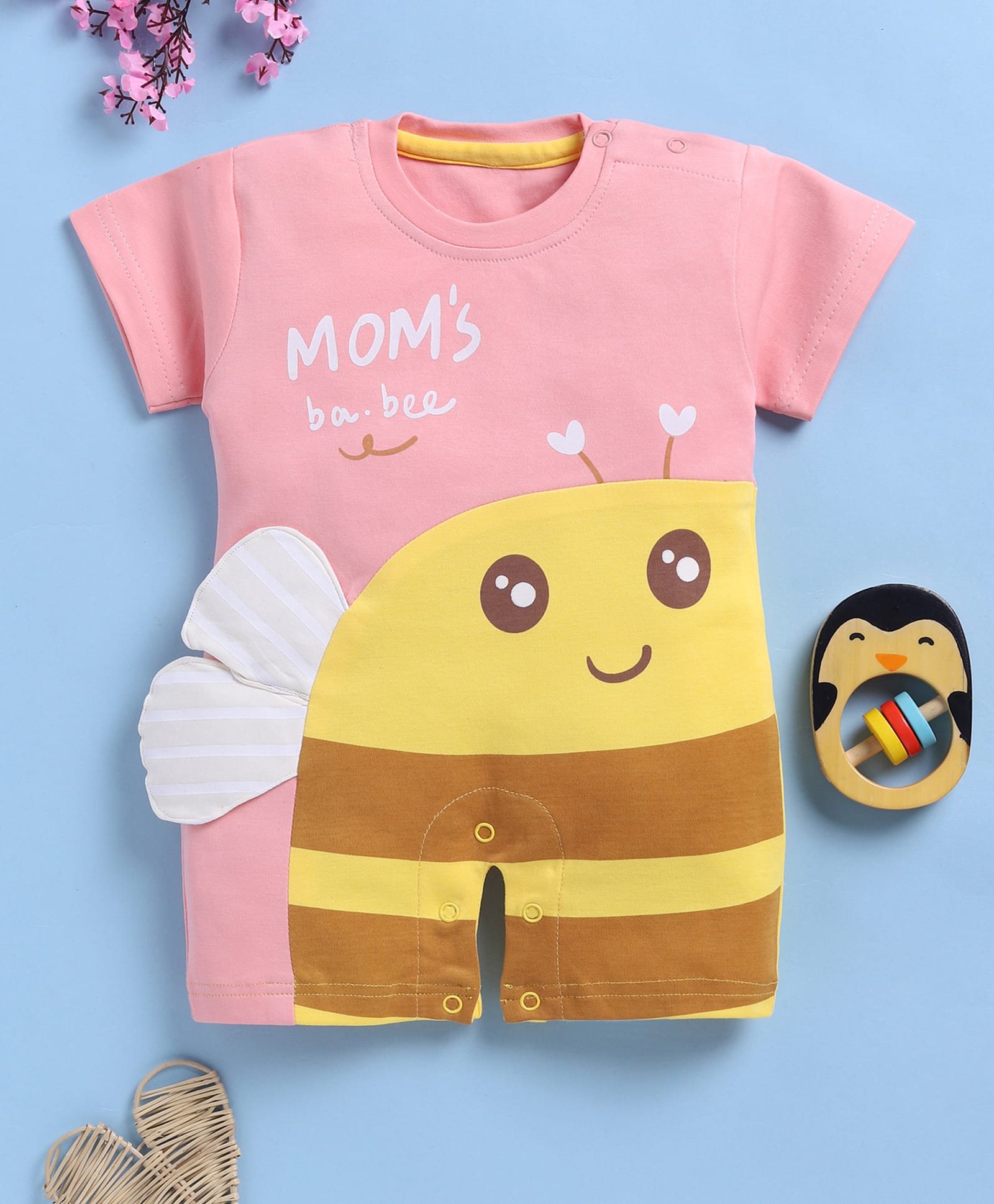 Toonyport Cotton Knit Half Sleeves Moms Babee Text & Honey Bee Printed Romper - Pink-picture-15
