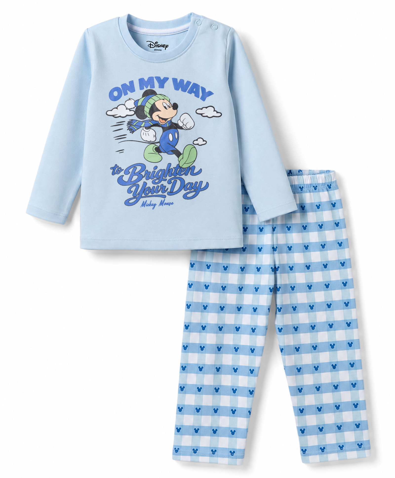 Babyhug Disney Single Jersey Knit Full Sleeves T-Shirt & Checks Pyjama Night Suit with Mickey Mouse Graphics - Light Blue-image-14