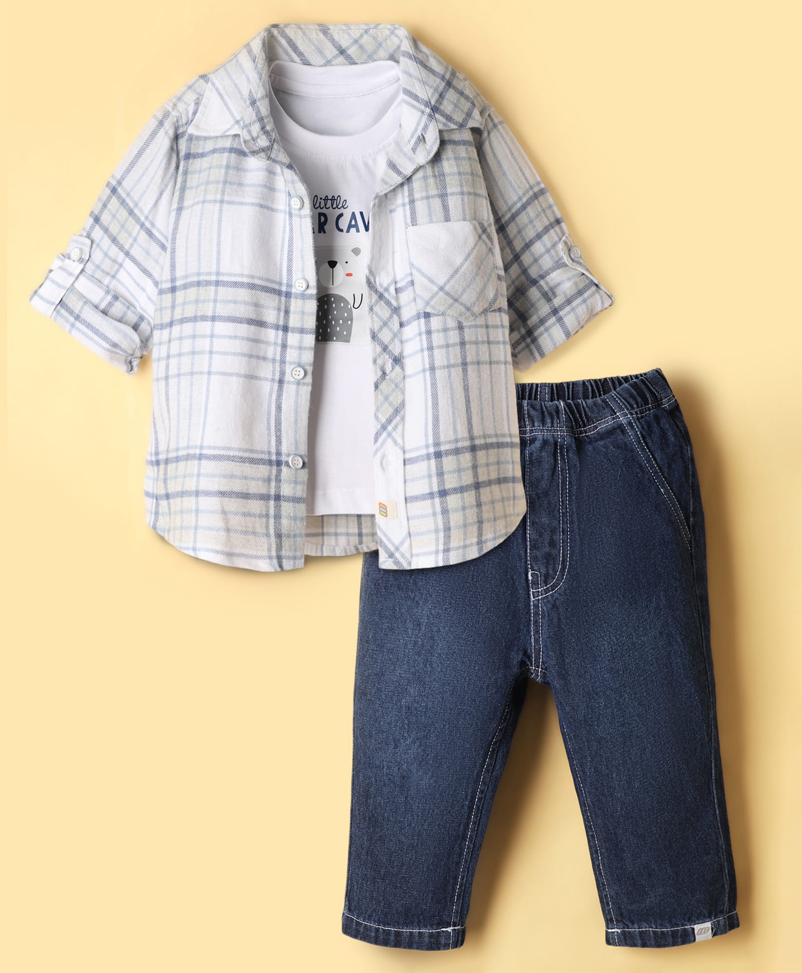 marshmallows Sinker Knit Full Sleeves Checks Shirt and Jeans with Bear Printed Tee - Grey-image-32