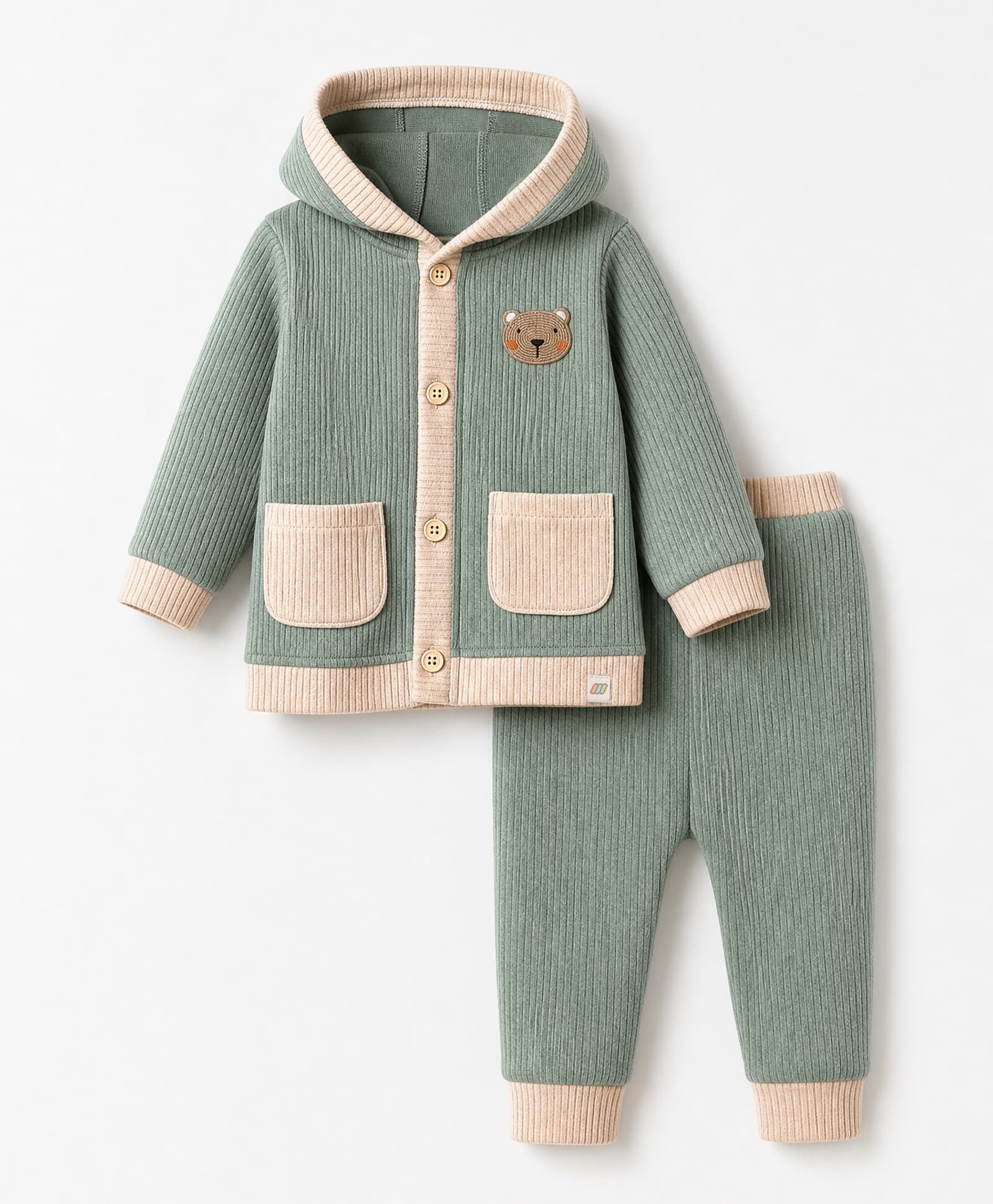 marshmallows Knit Full Sleeves Hooded Winter Wear Suit With Bear Applique - Green-image-25