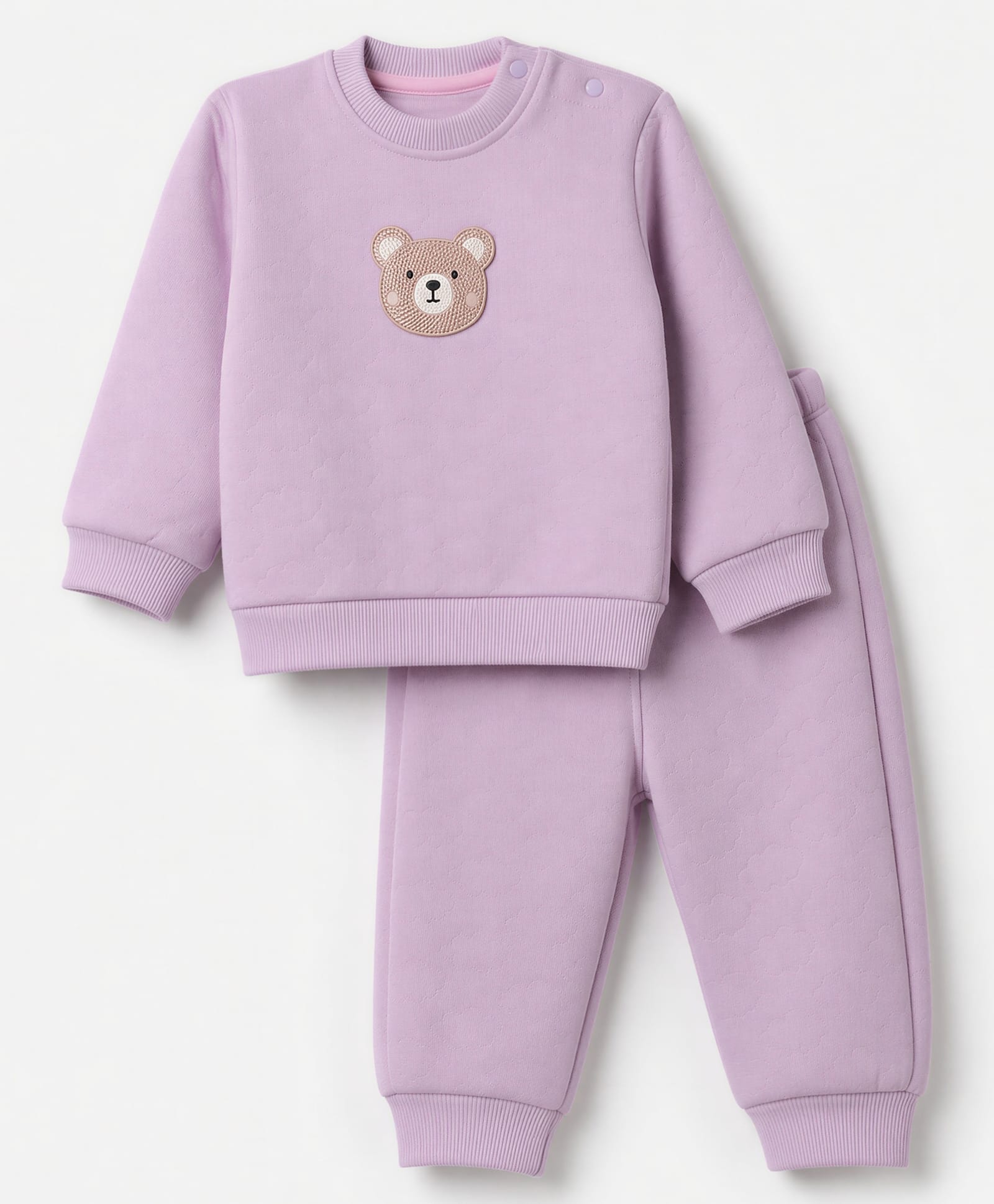 marshmallows Knit Woven Full Sleeves Top & Joggers Set With Bear Patch - Purple-image-8