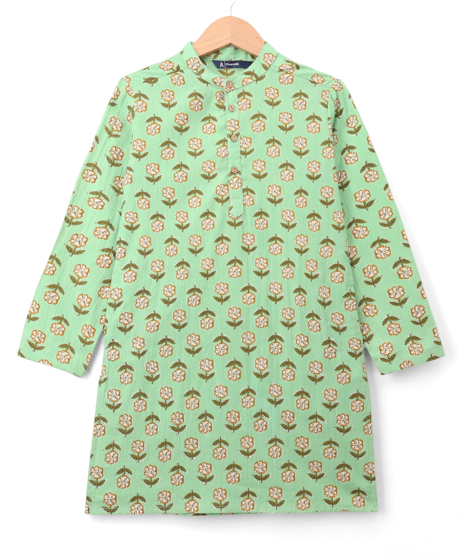 Pine Kids Cotton Woven Full Sleeves Kurta With Floral Print - Light Green-picture-22