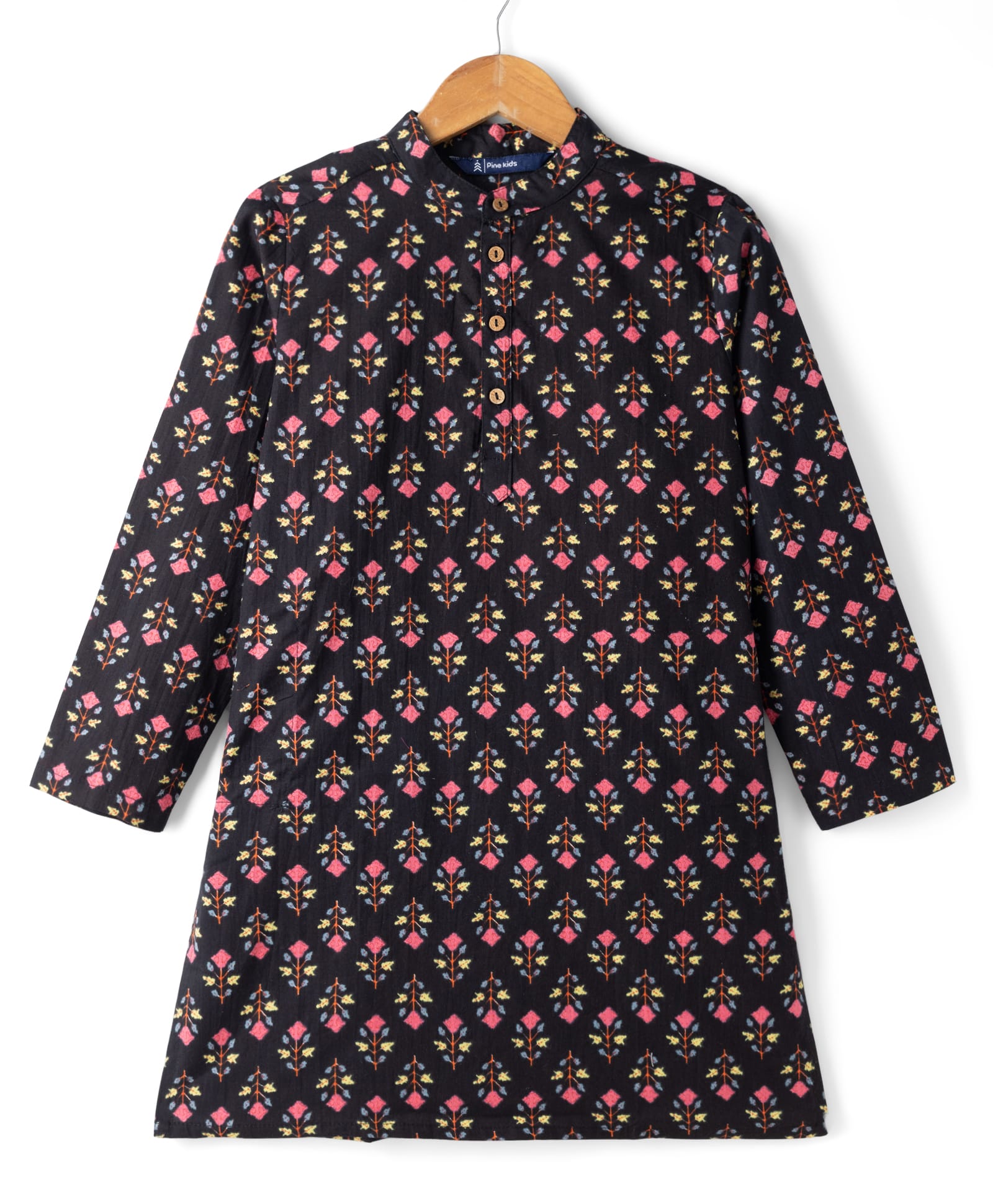 Pine Kids 100% Cotton Woven Full Sleeves Floral Printed Kurta - Black-image-30