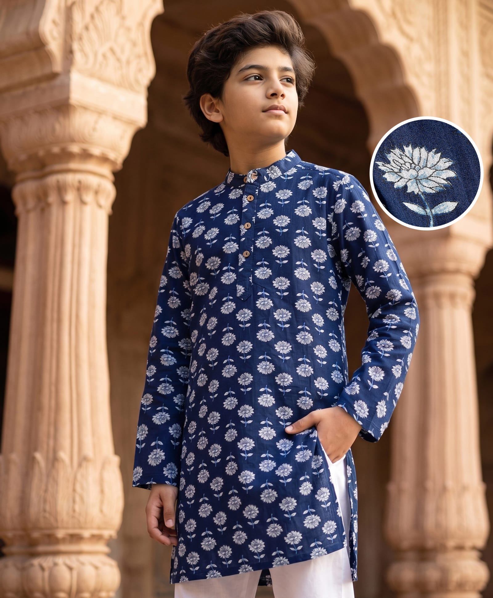 Pine Kids Cotton Woven Full Sleeves Floral Printed Kurta - Navy Blue-image-22