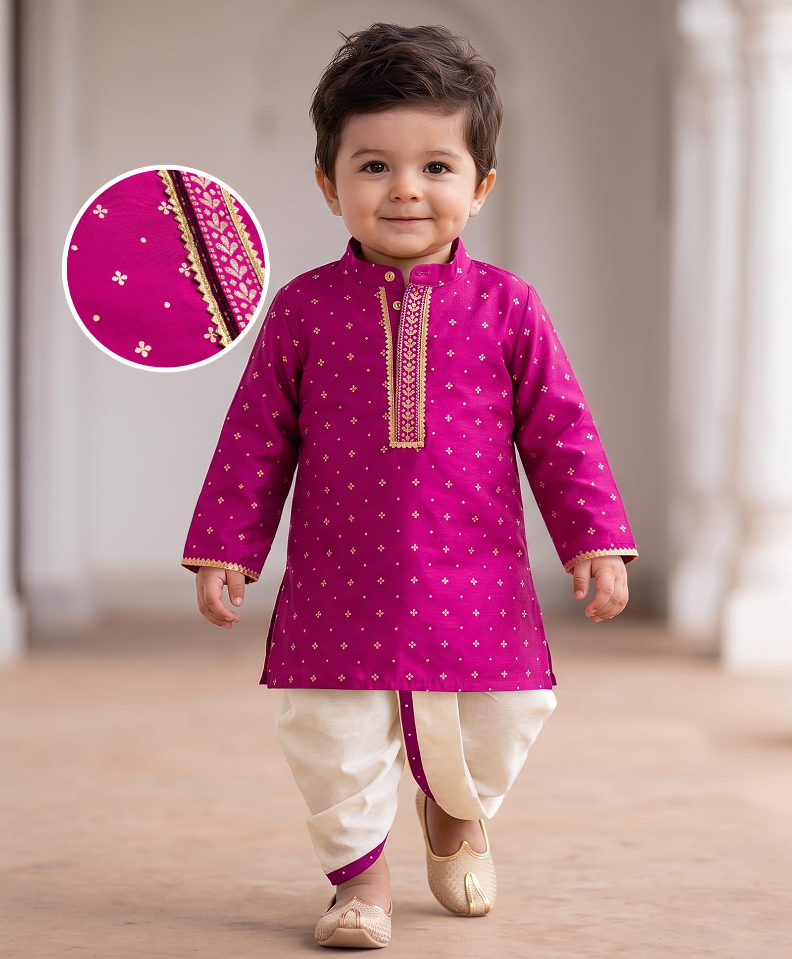EARTHY TOUCH Cotton Woven Full Sleeves Kurta Dhoti Set with Floral Foil Print -Fuchsia-picture-17