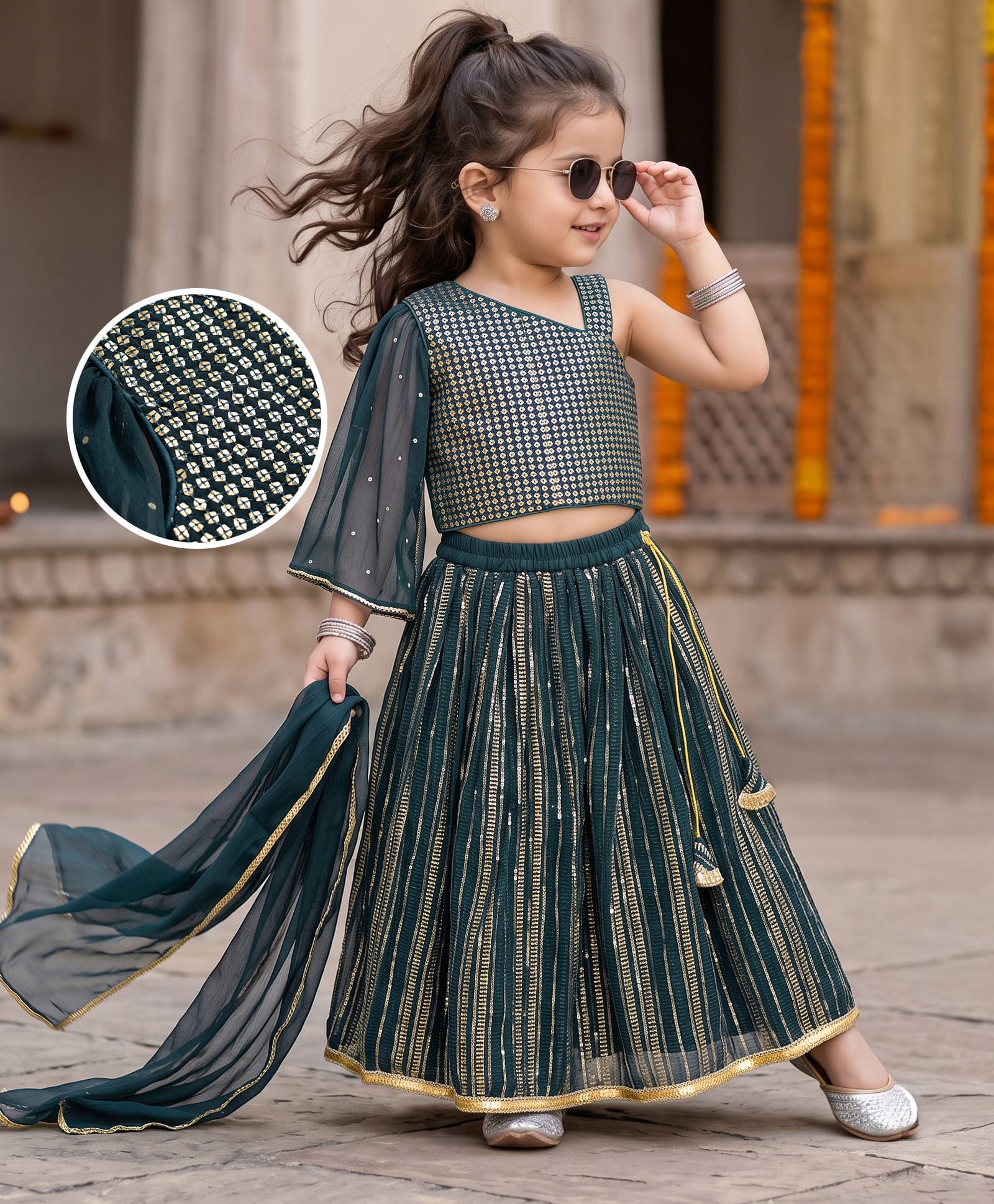 Babyhug Georgette Woven Sleeveless Sequinned & Embroidered Lehenga Choli and Dupatta Set - Teal Blue-image-49
