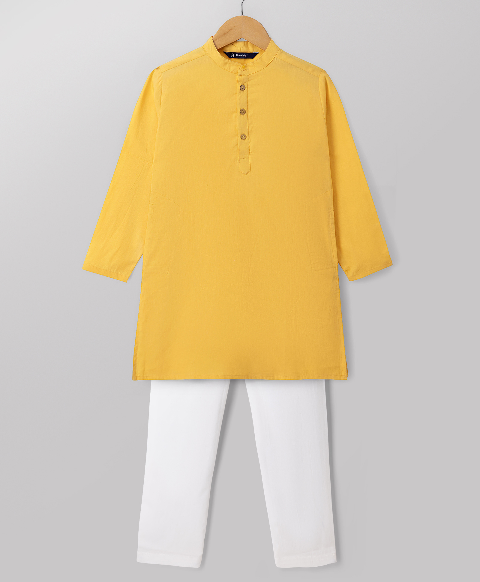 Pine Kids Cotton Woven Full Sleeves Solid Kurta Pyjama Set - Mustard-picture-40