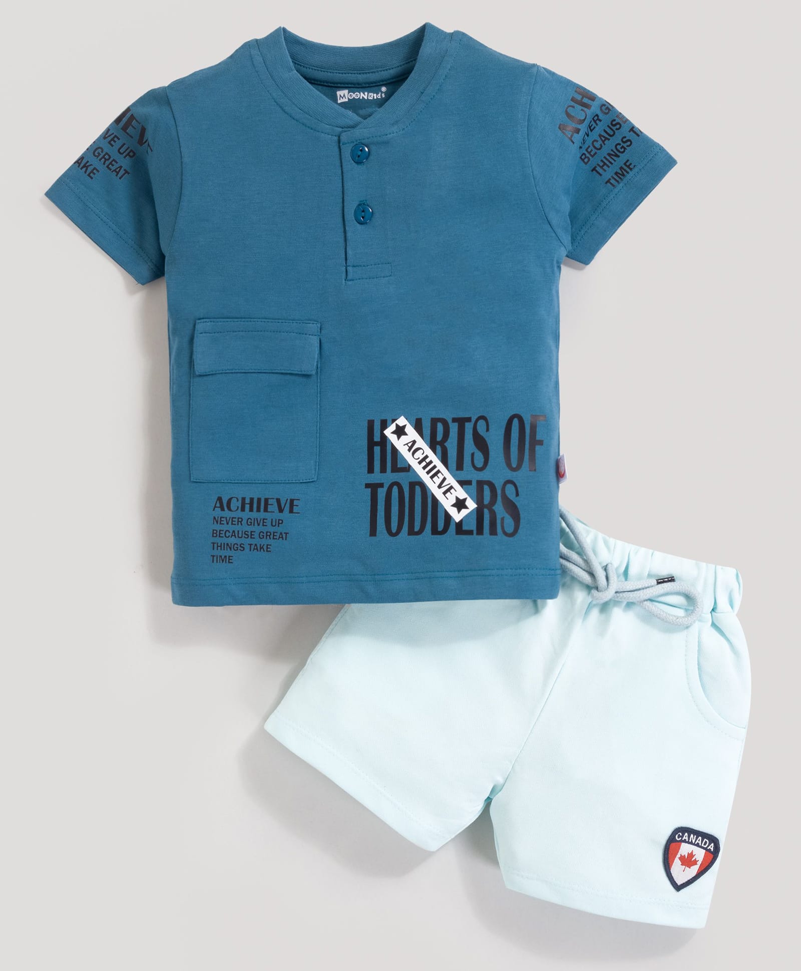 MOONKIDS Knitted Half Sleeves Typography Printed Tee & Shorts Set - Blue-picture-13