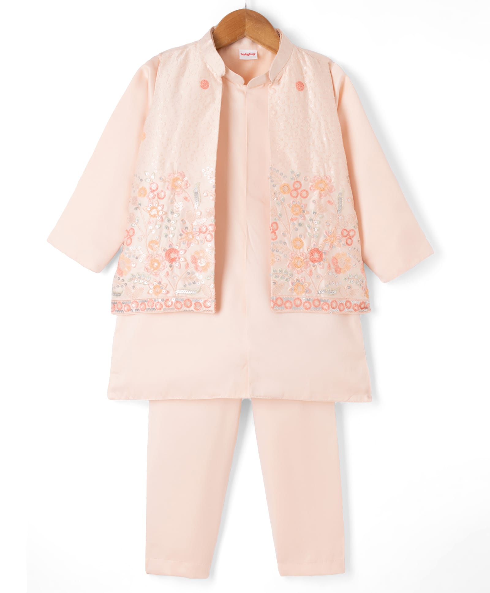 Babyhug Woven Solid Kurta Pyjama Set With Floral Sequin Embroidered Jacket - Peach-image-4