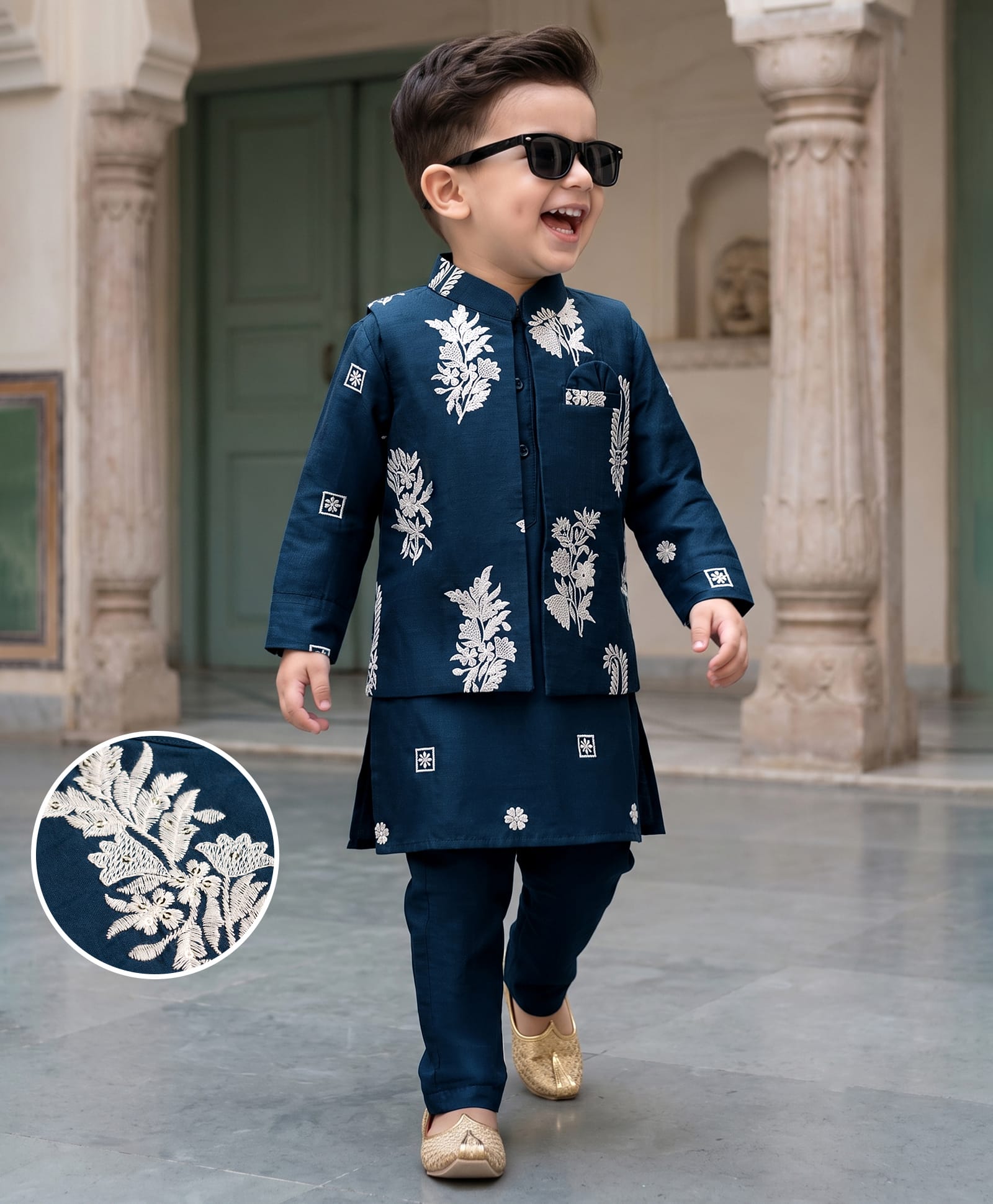 Babyhug Woven Full Sleeves Floral Embroidered Kurta & Pyjama Set With Jacket - Teal Blue-picture-19