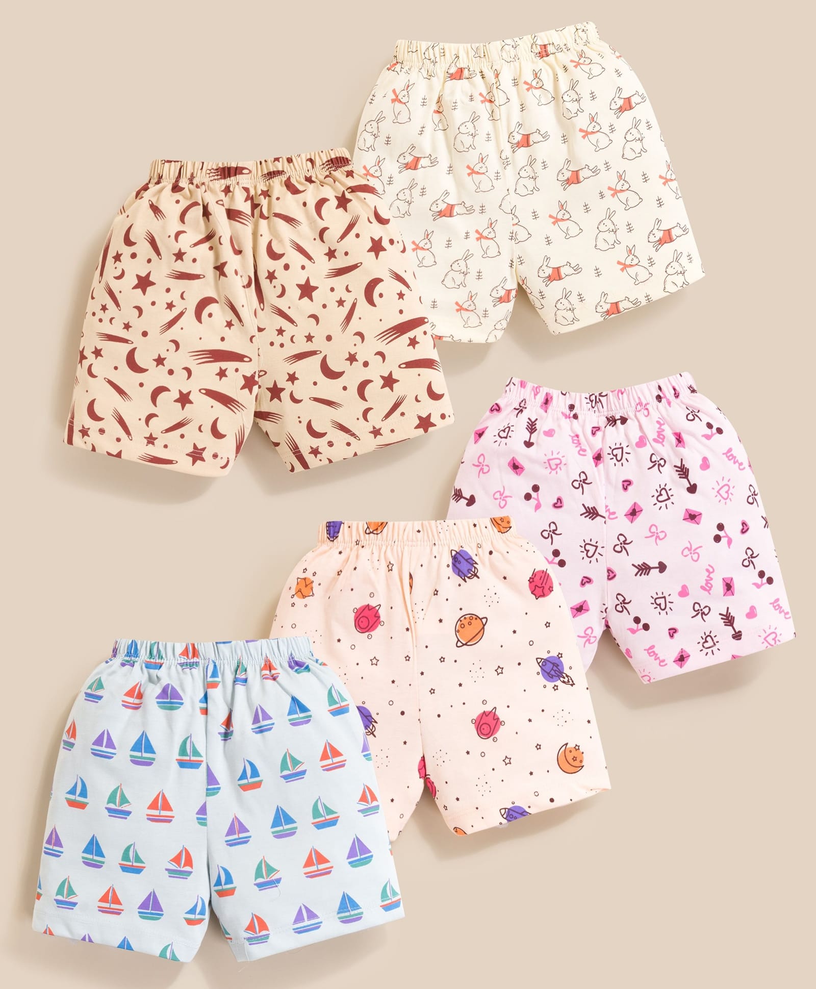 MOONKIDS 100% Pure Cotton Knit Pack Of 5 Bunny & Space Theme Printed Shorts - Multi Colour-image-8