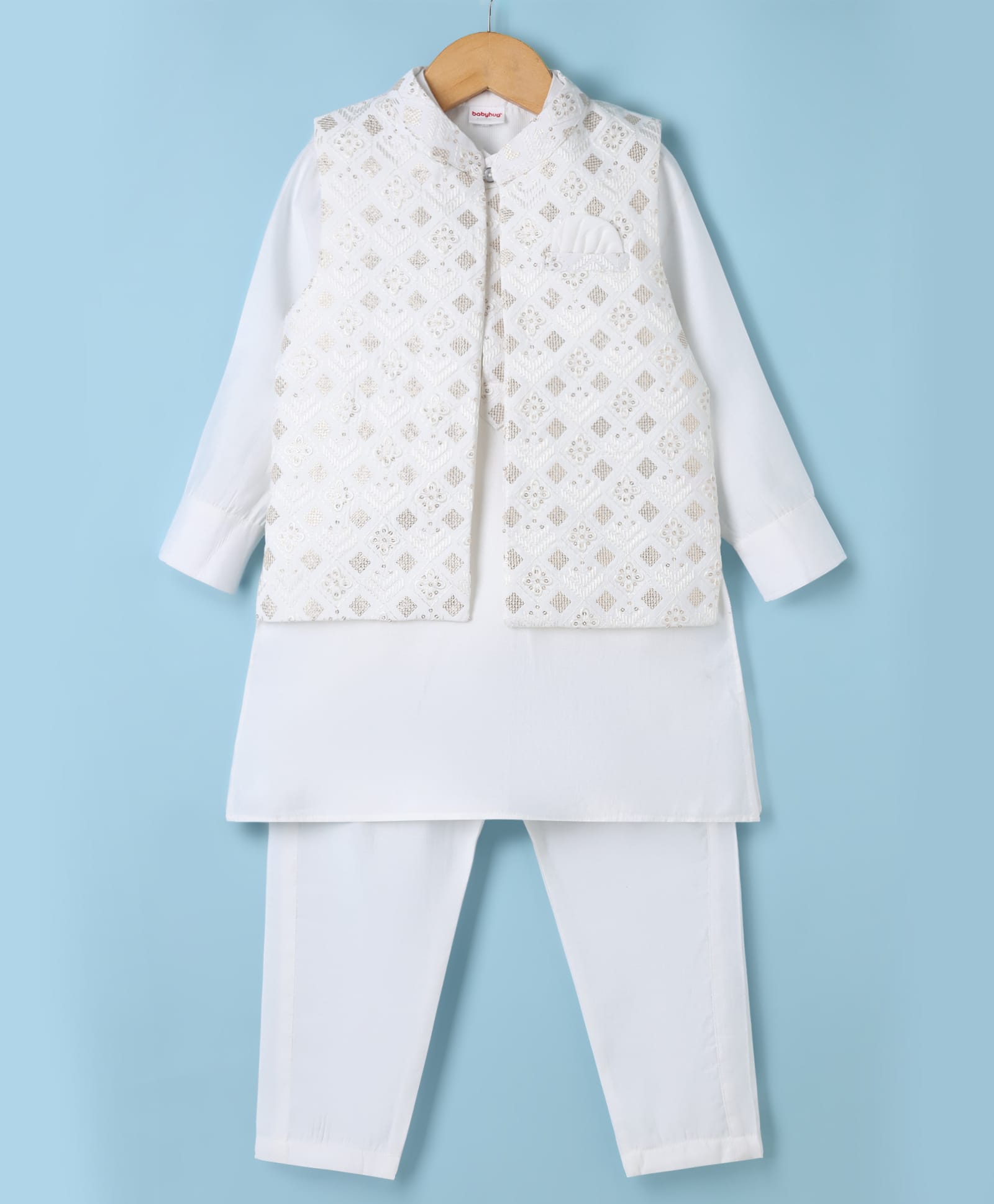 Babyhug Woven Full Sleeves Solid Kurta & Pyjama Set With Floral Sequinned & Embroidered Jacket - White-picture-35