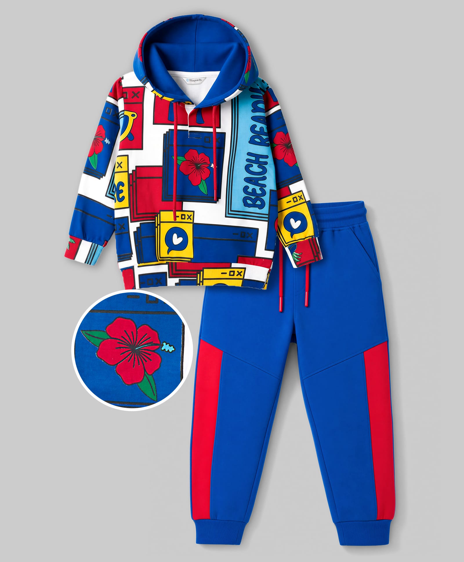 Ollington St. Winterwear Cotton Knit Flora Printed Full Sleeves Sweatshirt With Hoodie & Joggers -Multicolour & Blue-picture-12