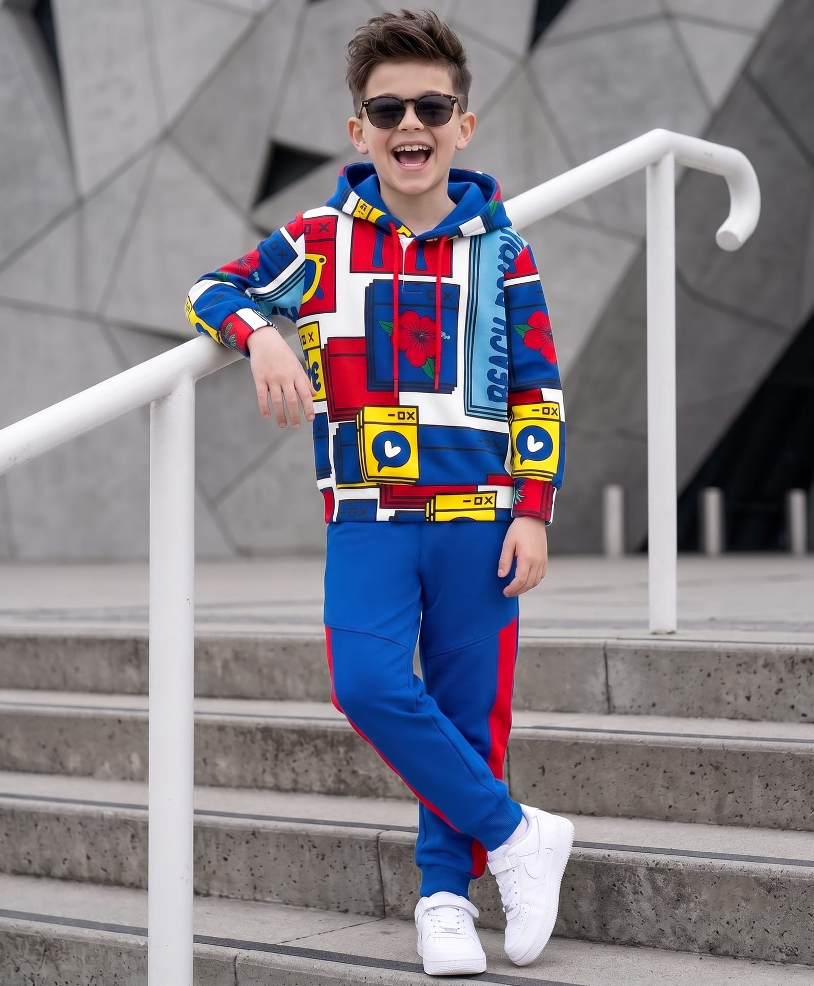 Ollington St. Winterwear Cotton Knit Flora Printed Full Sleeves Sweatshirt With Hoodie & Joggers -Multicolour & Blue-image-44