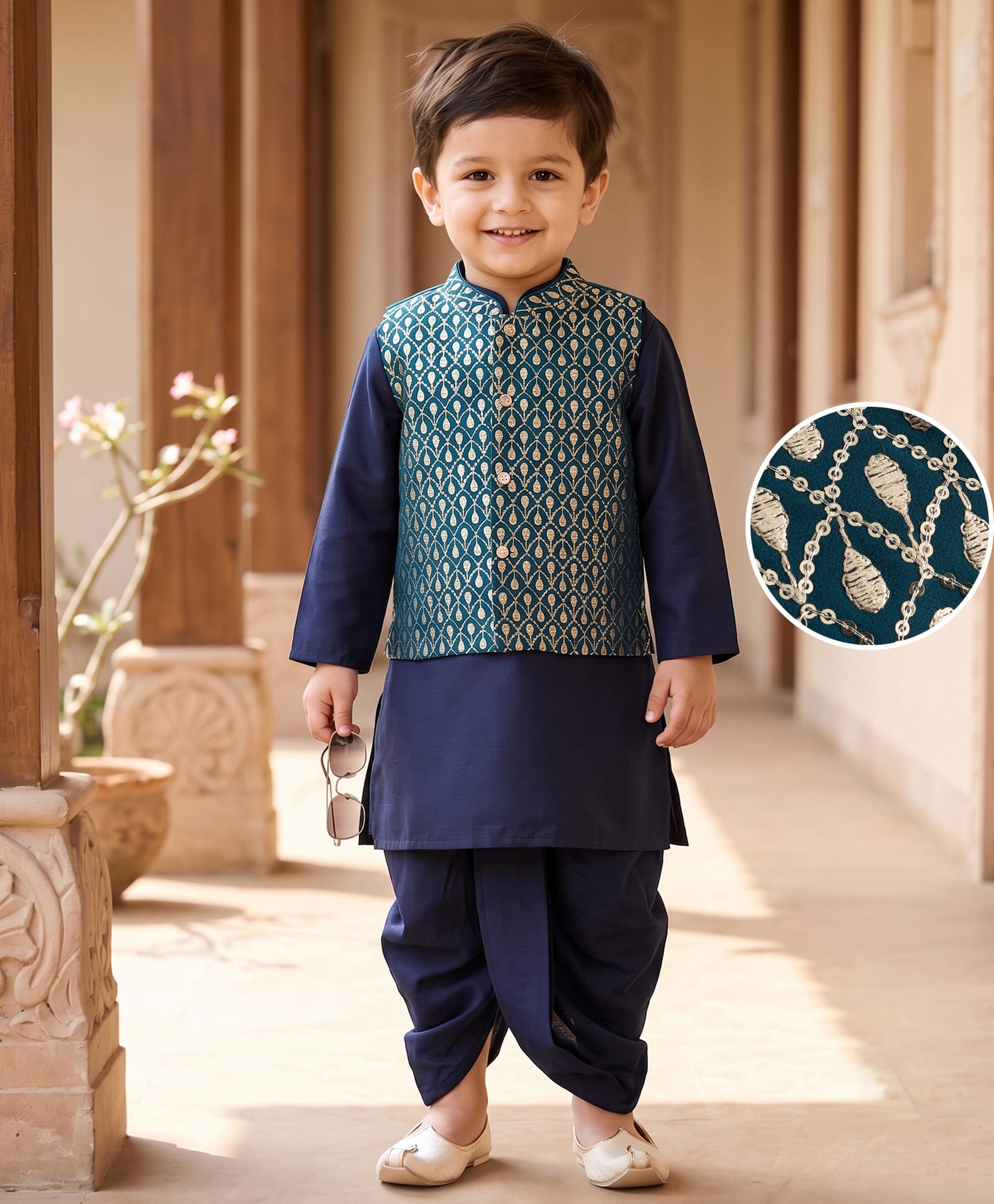 Babyhug Woven Full Sleeves Solid Colour Kurta Dhoti Set with Sequinned & Embroidered Jacket - Navy-image-19