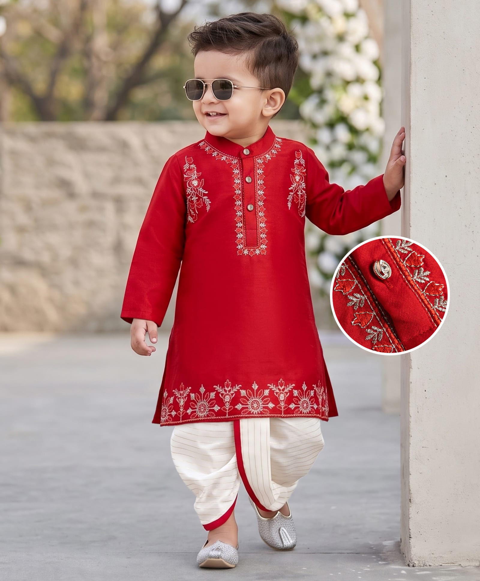 Babyhug Woven Full Sleeves Floral Embroidered Kurta Dhoti Set - Red-picture-17