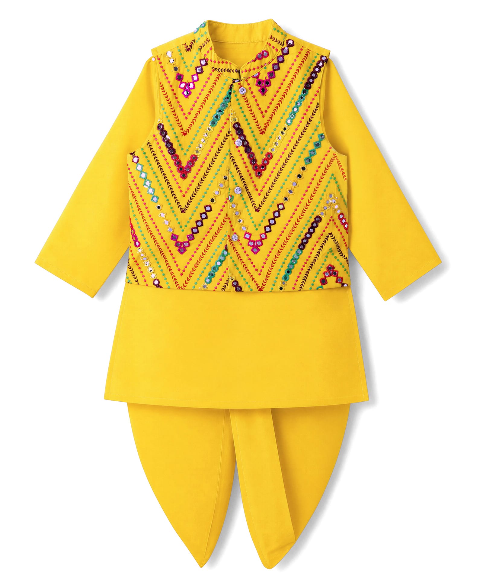 Babyhug Woven Full Sleeves Solid Dhoti Kurta Set With Mirror Embroidered Jacket - Yellow-image-41