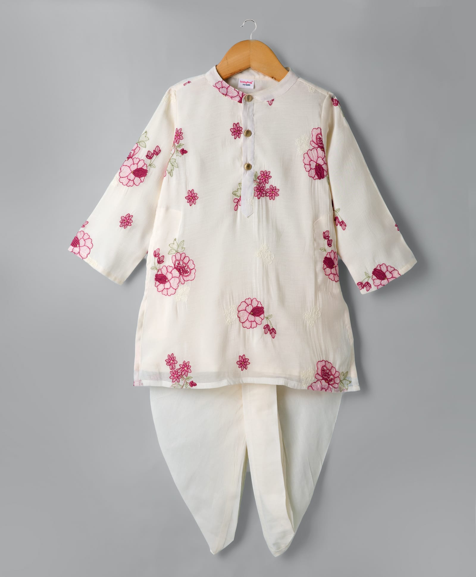 Babyhug Chanderi Woven Full Sleeves Floral Embroidered Dhoti Kurta Set - Off White-picture-17