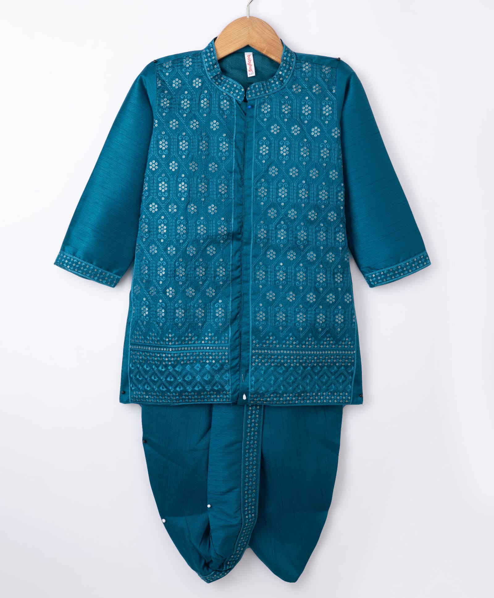Babyhug Woven Full Sleeves Floral Sequinned Kurta & Dhoti Set - Teal Blue-image-20