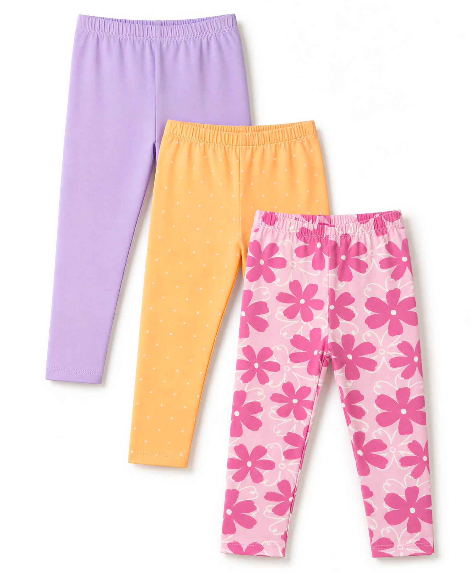 Babyhug Cotton Lycra Knit Full Length Leggings With Floral & Polka Dots Print Pack of 3 - Pink, Orange & Purple-picture-24