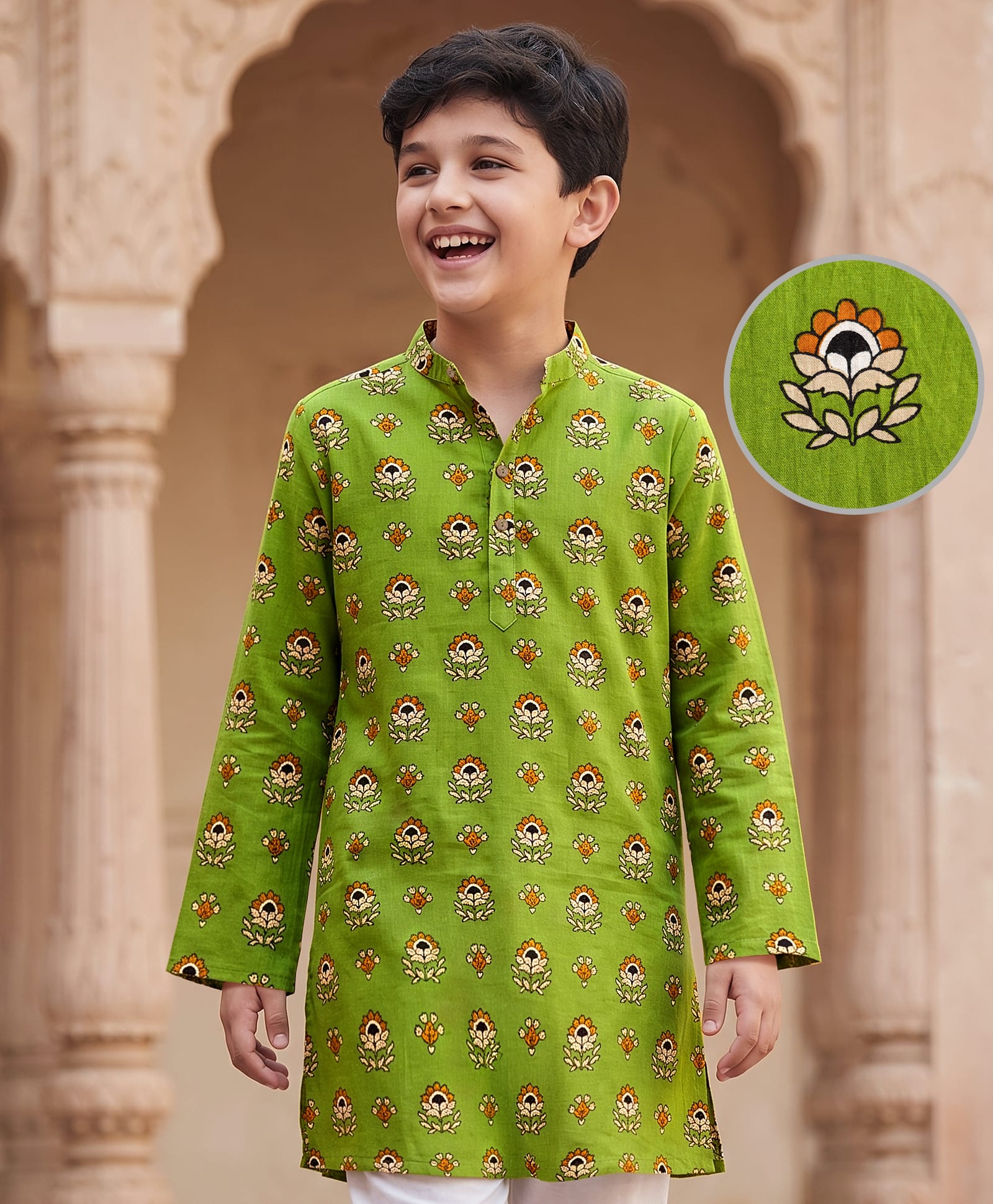 Pine Kids Cotton Woven Full Sleeves Floral Printed Kurta - Olive Green-image-19